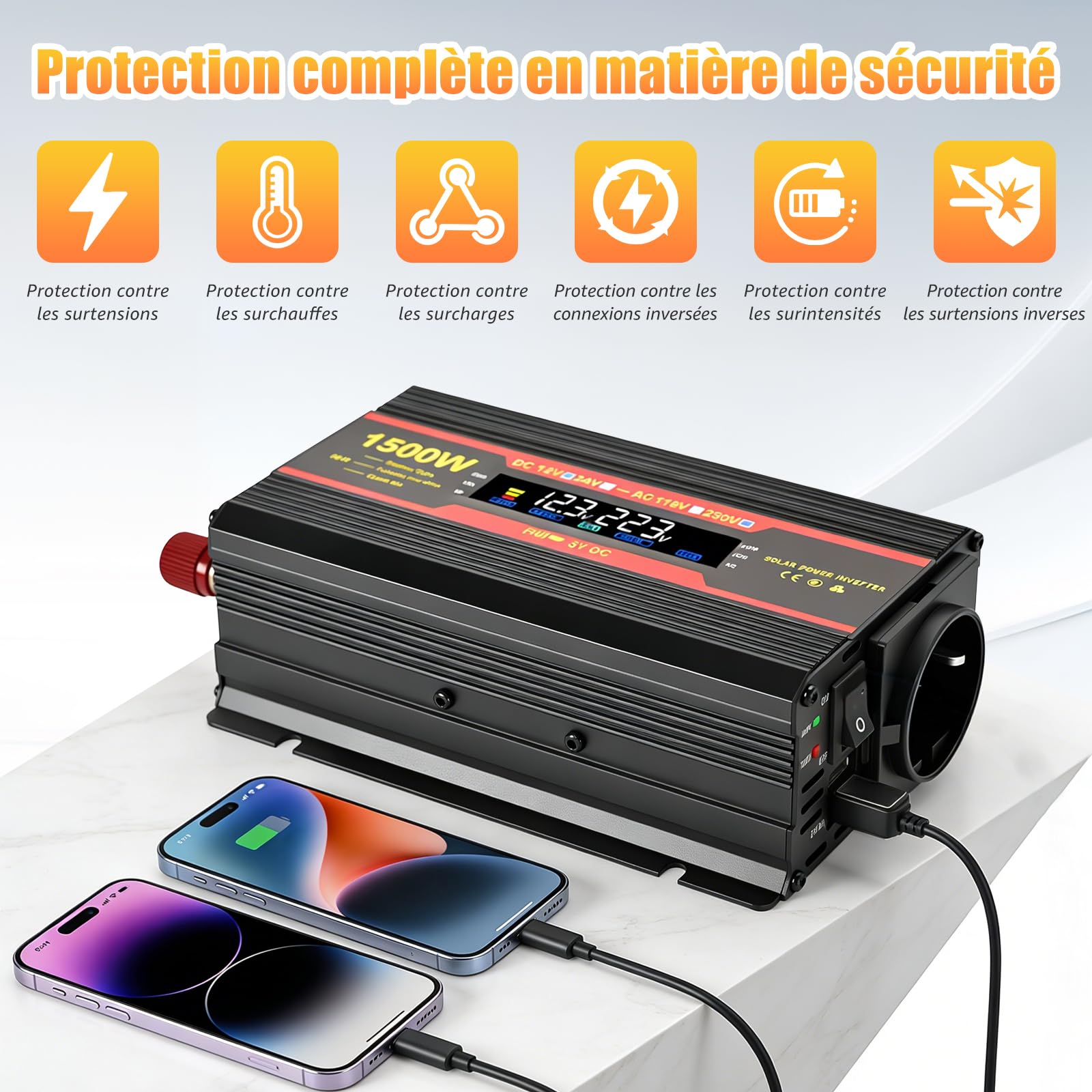 Inverter 1500 W 12 V 220 V Sinus puro Convertitore Auto Camper Camion 2 x USB