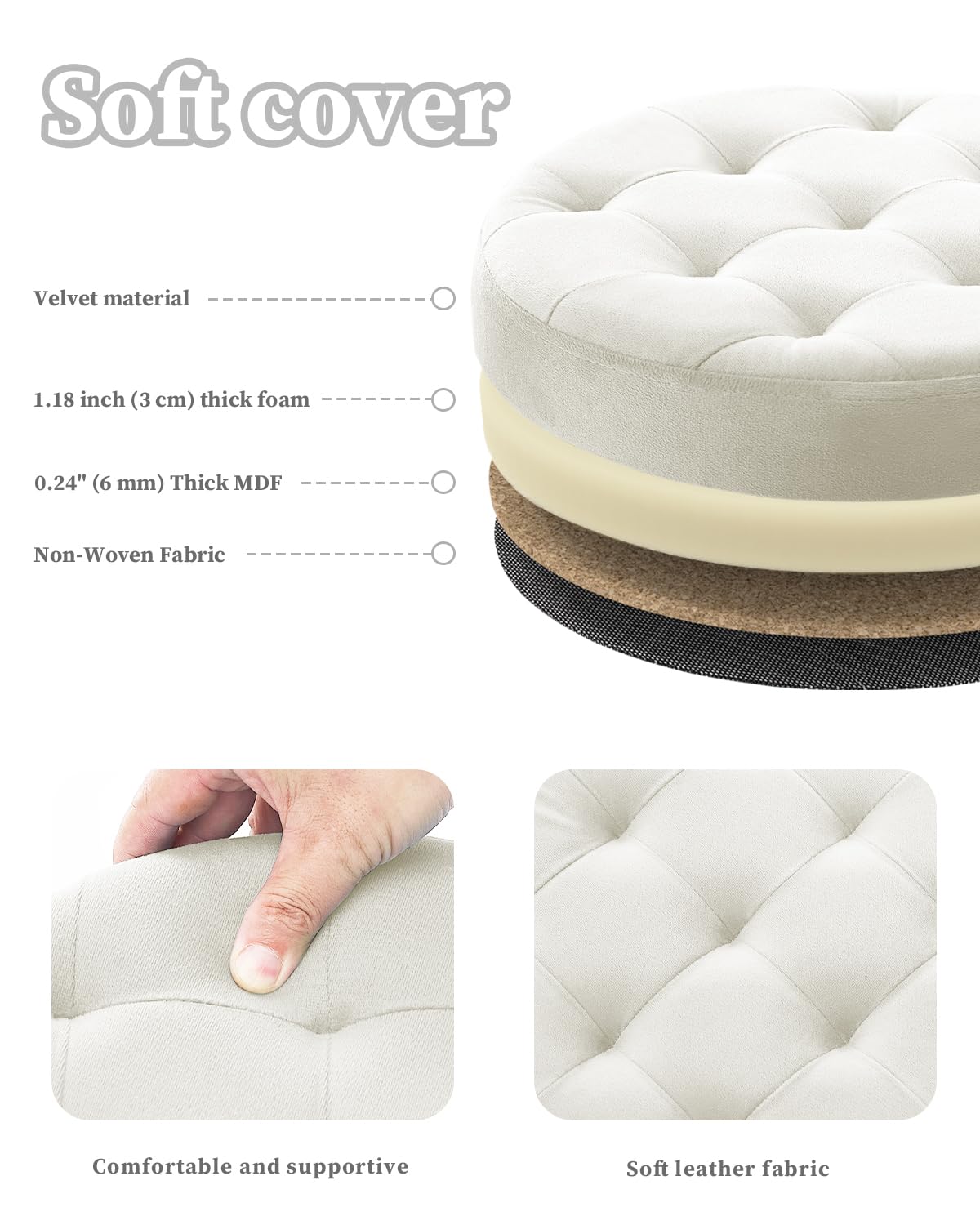 Bsketa Ottomane de rangement pliable rond de 38,1 cm, repose-pieds avec siège rembourré en mousse épaisse, petit banc de rangement en velours, repose-pieds pour salon, table basse pliable, beige