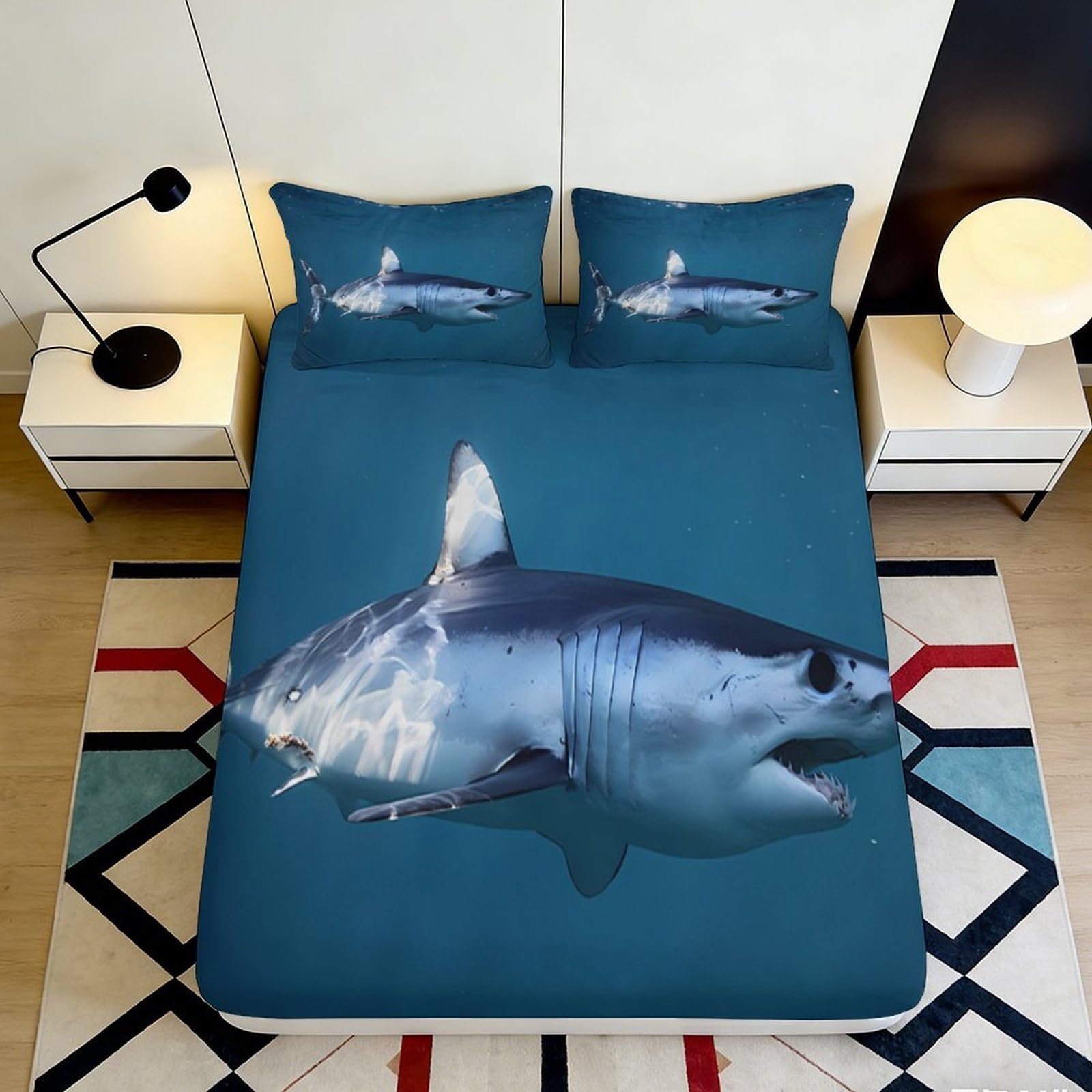 Uxinyoume Style-6 3D Printed Shark Ocean Fitted Sheet Microfiber Soft Blue Sea Bed Cover For Bedroom Guest Room Decor Mattress Protection 90X200x25cm