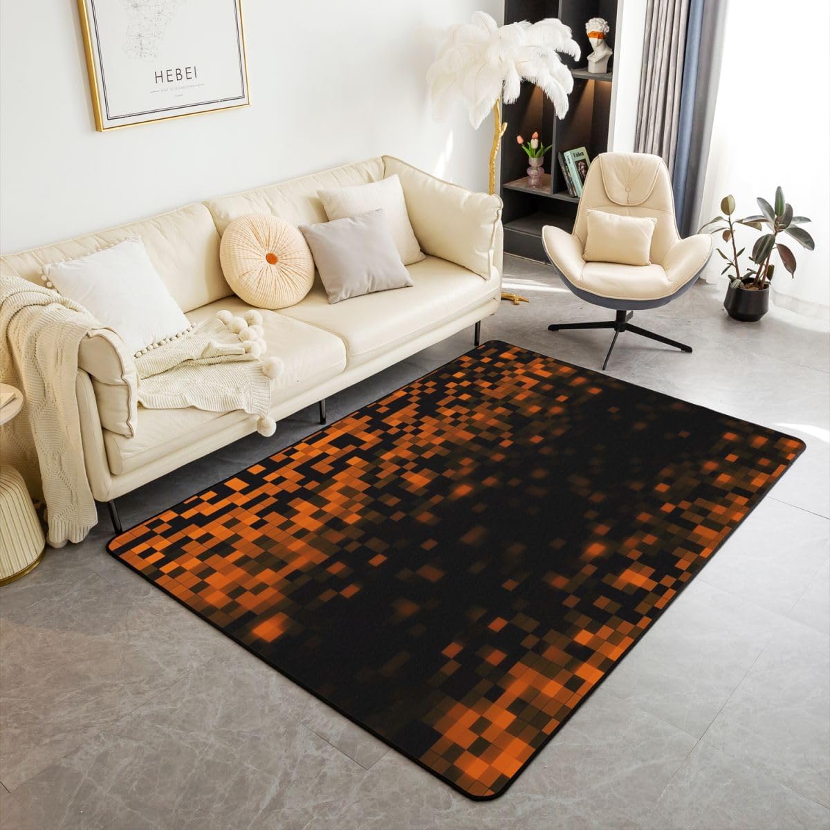 Castle Fairy Miner Grid Game Area Rug Black Orange Geometric Plaid Non Slip Rug for Kids Teens Adults Pixel Style Decor Gamepad Gamer Indoor Floor Mat for Chairs Office 3'x5'