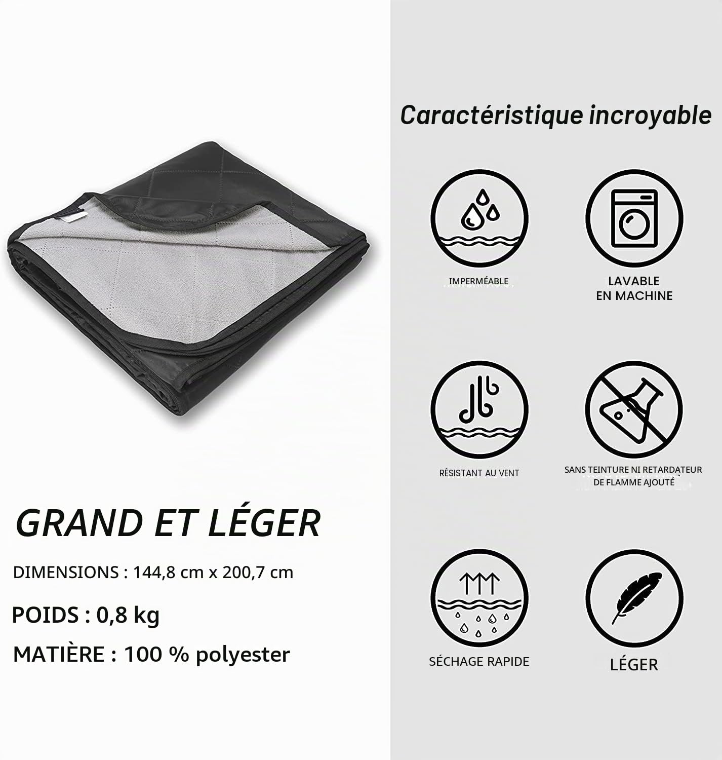 ACUSHLA Couverture polaire imperméable pour temps froid, extérieur, plage, pique-nique, stade, football, voiture, isolée, coupe-vent, résistante au sable et lavable en machine, 145 x 200 cm, grise