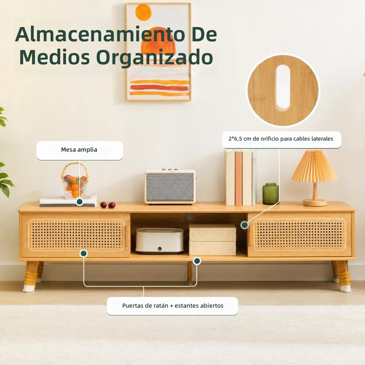 Set Tavolino da Salotto e Mobile TV Stile Giapponese, Mobile Basso con Ante Scorrevoli Intrecciate in Rattan per Piccoli Spazi