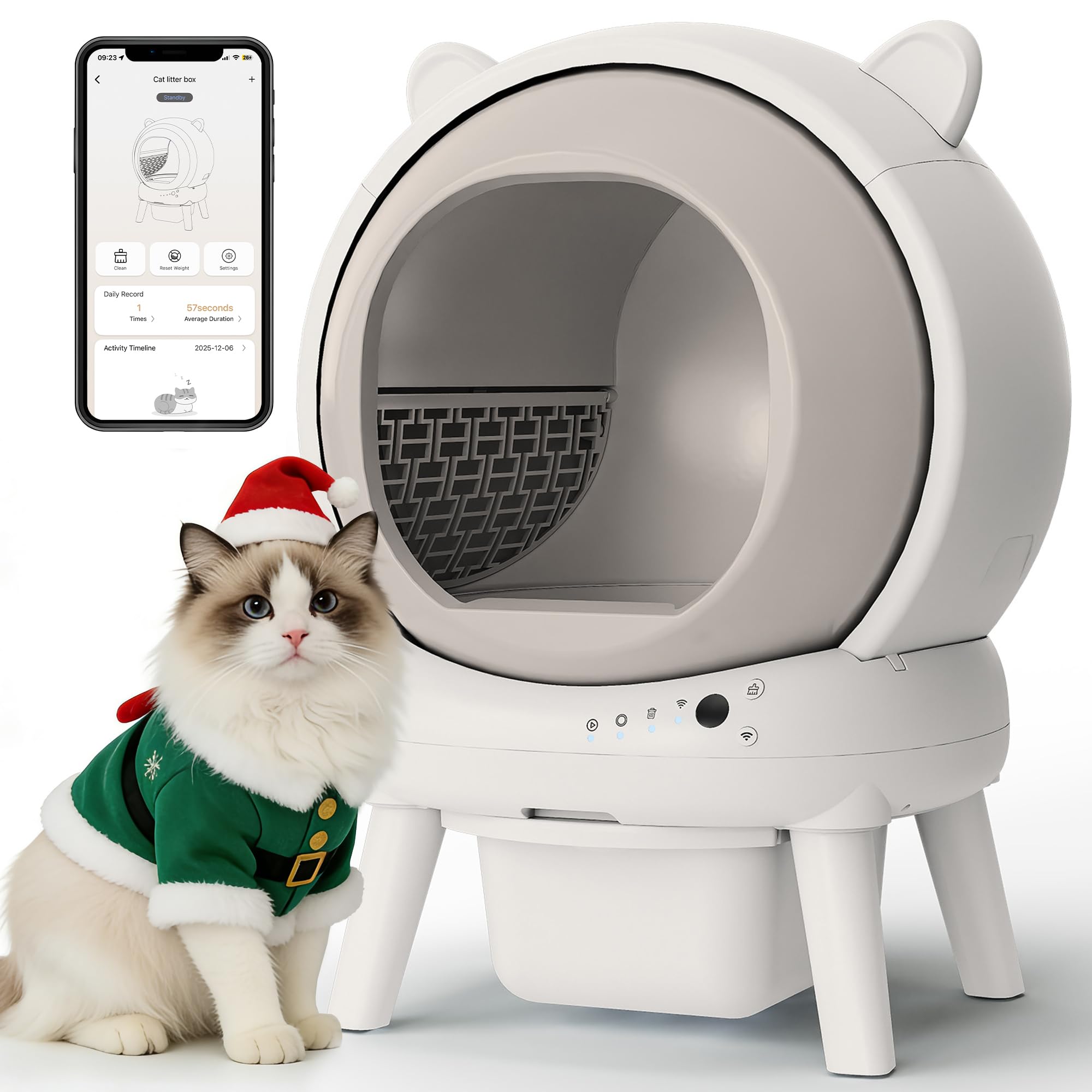 Self Cleaning Litter Box, Automatic Cat Litter Box for Multiple Cats, Auto Litter Box Robot with APP Control, Dual Safety Sensors, Odor Control&Low Noise, Cat Ears Design, Ivory White