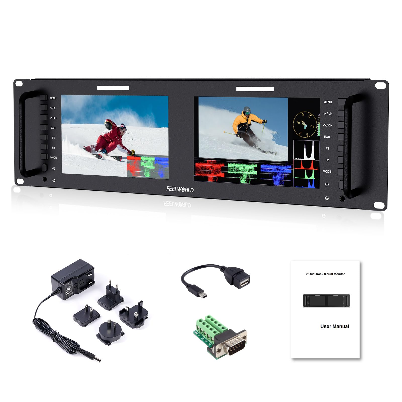 Feelworld D71 Rack Caméra Monitor Pro Broadcast Dual 7" 3RU Ultra HD 1280×800 Champ Vidéo LCD IPS Screen 800:1 Contraste élevé avec HDMI SDI AV Ethernet