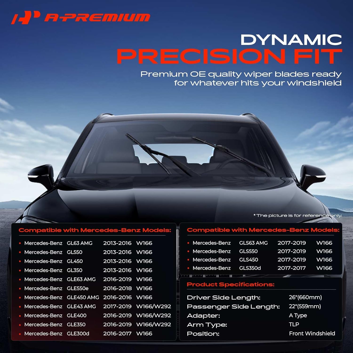 A-Premium 26" + 22" Windshield Wiper Blades Compatible with Mercedes-Benz GLE63, GLE550e, GLE450 AMG, GLE43 AMG, GLE400, GLE350, GL350 - TLP Connector, with Wear Indicator & Towel (Pack of 2)
