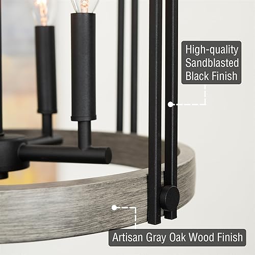 Miniatura 2 de Kira Home Sinclair - Lámpara colgante de granja de 22 pulgadas, 4 luces, lámpara de vestíbulo, estilo madera de roble gris + acabado negro arenado