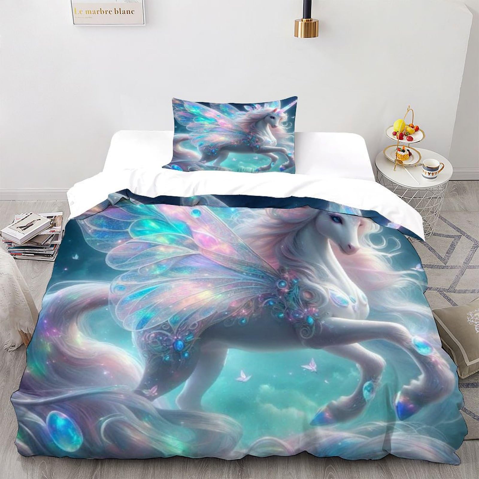 SOJFGSNAJ White Rainbow Horse Double Duvet Set Animal Totem Ultrasoft Hypoallergenic Reversible Duvet Covers Bedding Set With Zipper Closure Single（135x200cm）