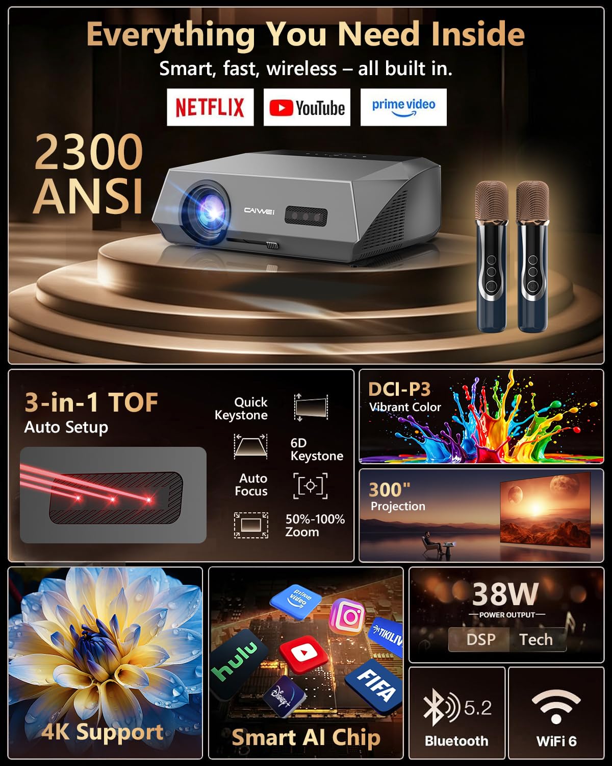 Amazon.com: Smart 4K Projector Indoor Daylight Home Theater