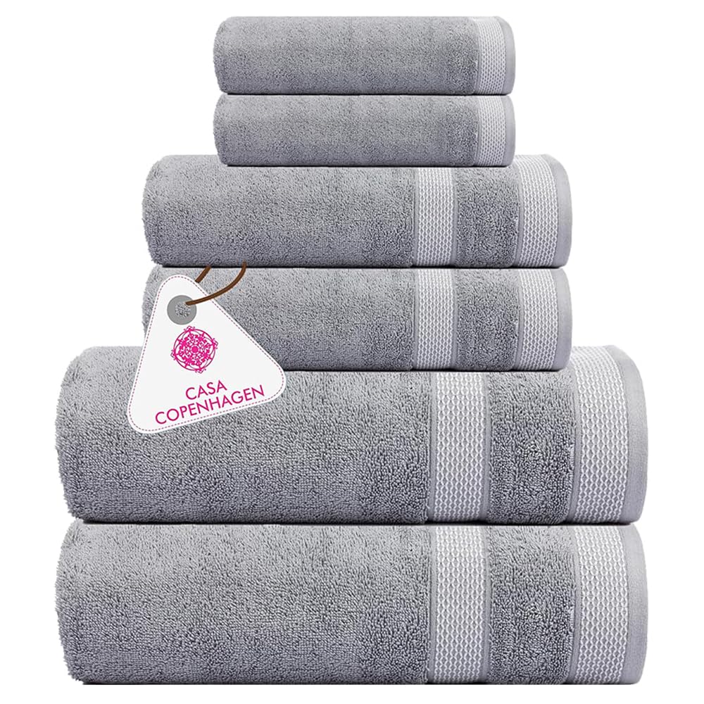 CASA COPENHAGEN Solitaire 6Pcs 100% Egyptian Cotton Large Designer Towels Gift Set- Grey Violet, 600GSM, 2Bath 2Hand 2Washcloths, Bath Towels for