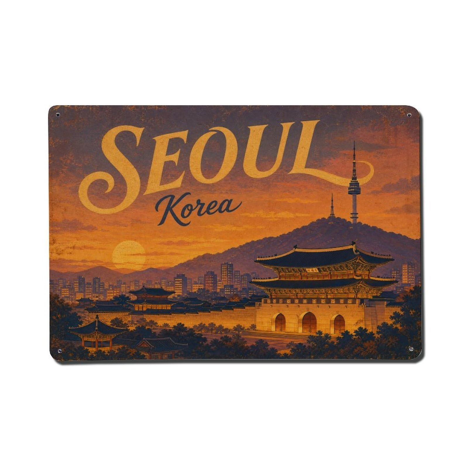 Seoul South Korea Dusk Palace Landmark Cityscape Travel Metal Tin Sign