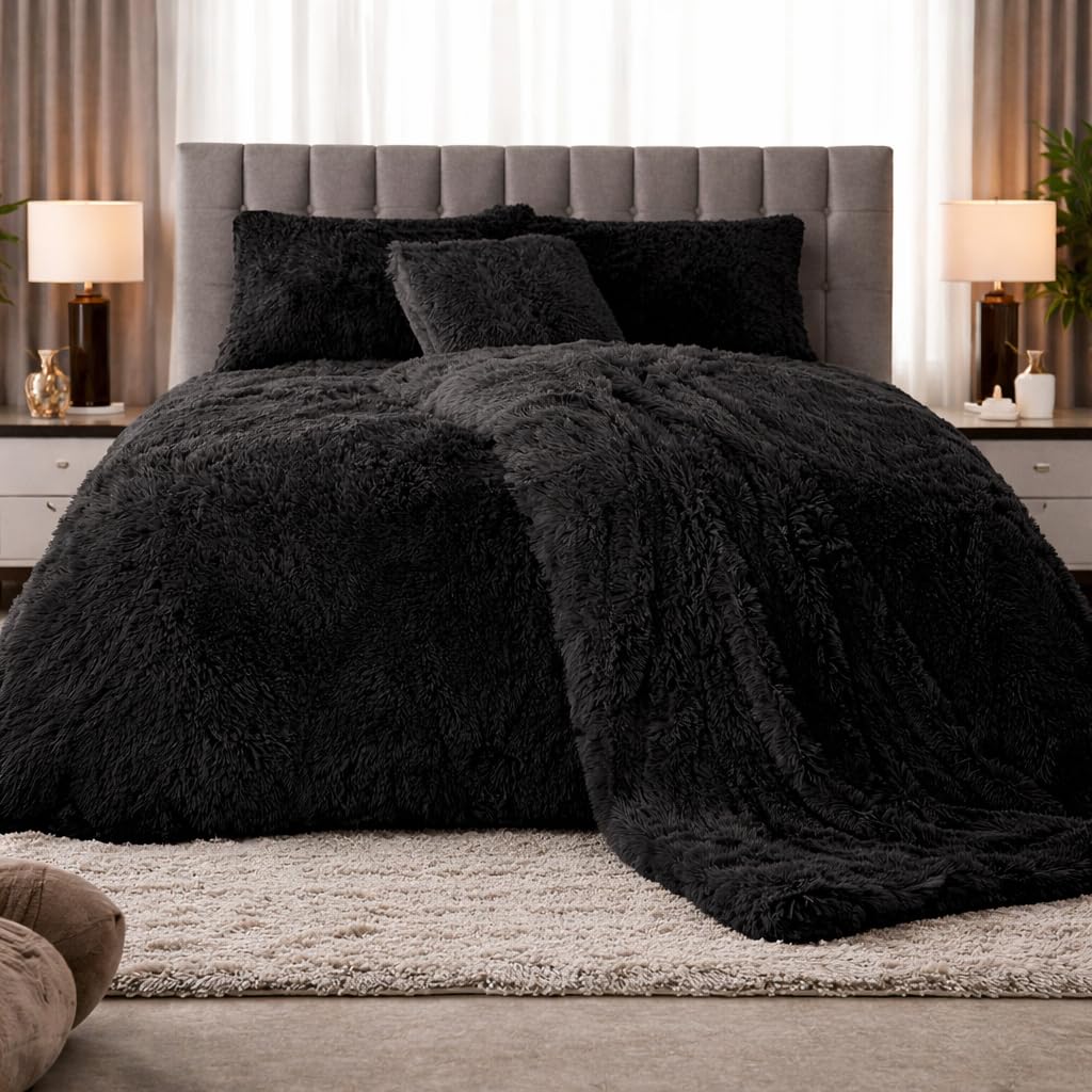 PARADISE STAR Teddy Bear Cuddles Fleece Duvet Cover Set – Alaska Luxury Faux Fur Bedding with Matching Pillowcases, Super Soft Warm Plush Winter Quilt Cover Bed (Black, Double)