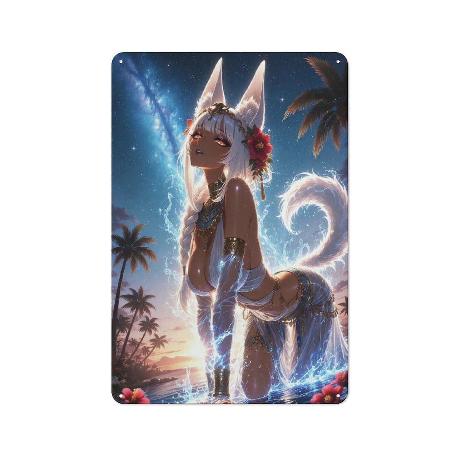 Junmoney Girls Style-12 Anthro Fox On Tropical Beach Office Metal Sign 30X20cm, Understated Office Wall Decor For Workspace, Cafe, Shop Or Desk Area