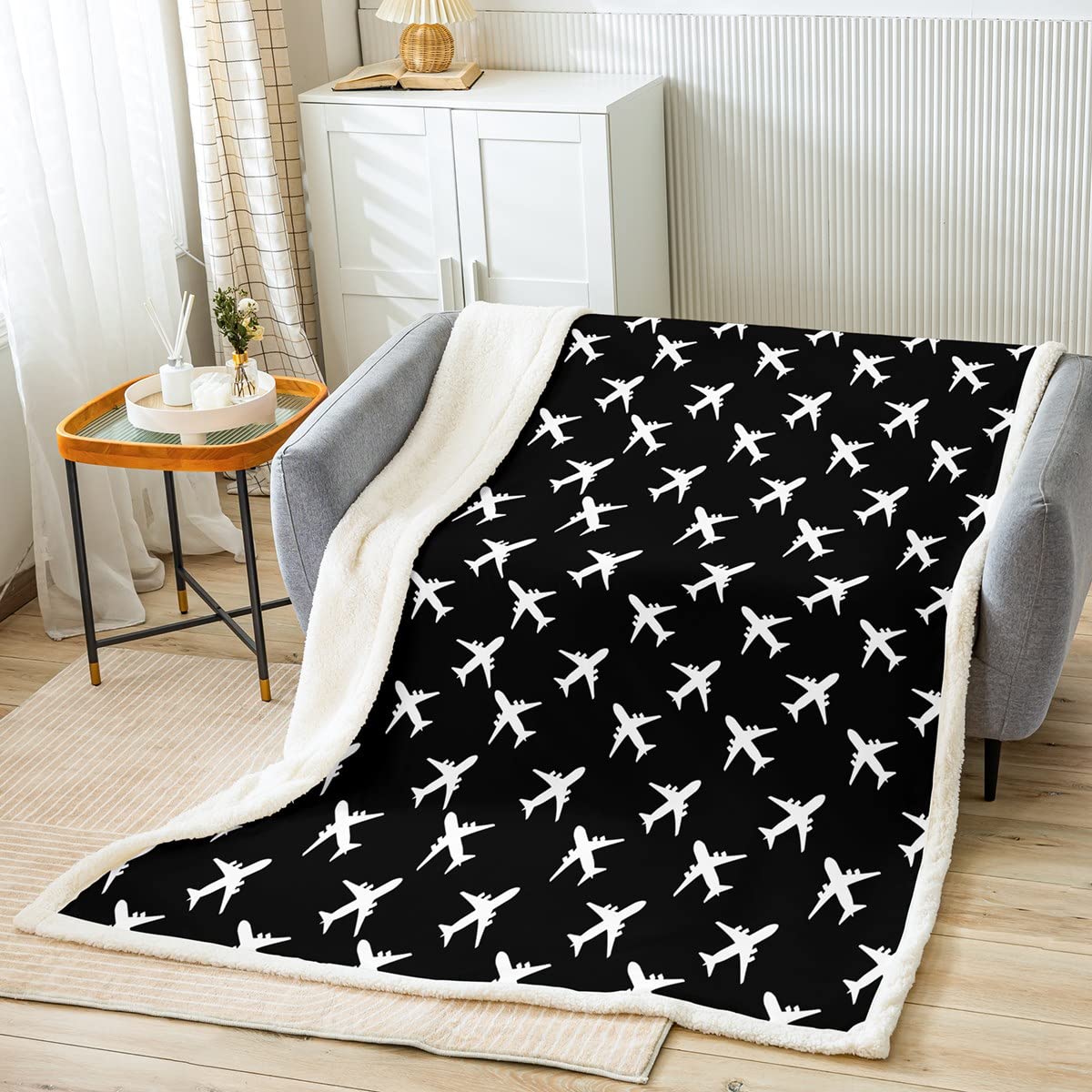 Black White Plane Plush Blanket Airplane Sherpa Blanket for Kids Boys Girls Aircraft Fighter Fleece Blanket Transportation Fuzzy Blanket for Sofa Bed,Baby 30x40 Inch