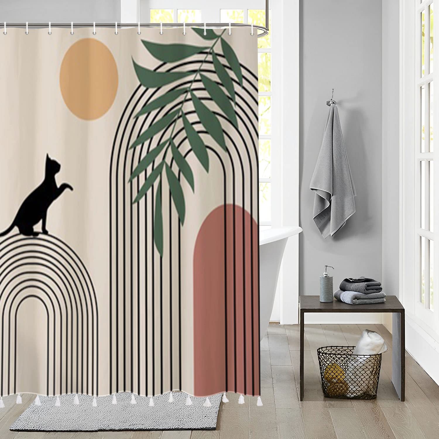 183x213cm Cortina de Baño Bohemia Impermeable Cortina de Ducha de Arte Abstracto Planta Tropical de Medio Siglo Cortinas de Ducha Lavables para Bañera con Gancho — view 54