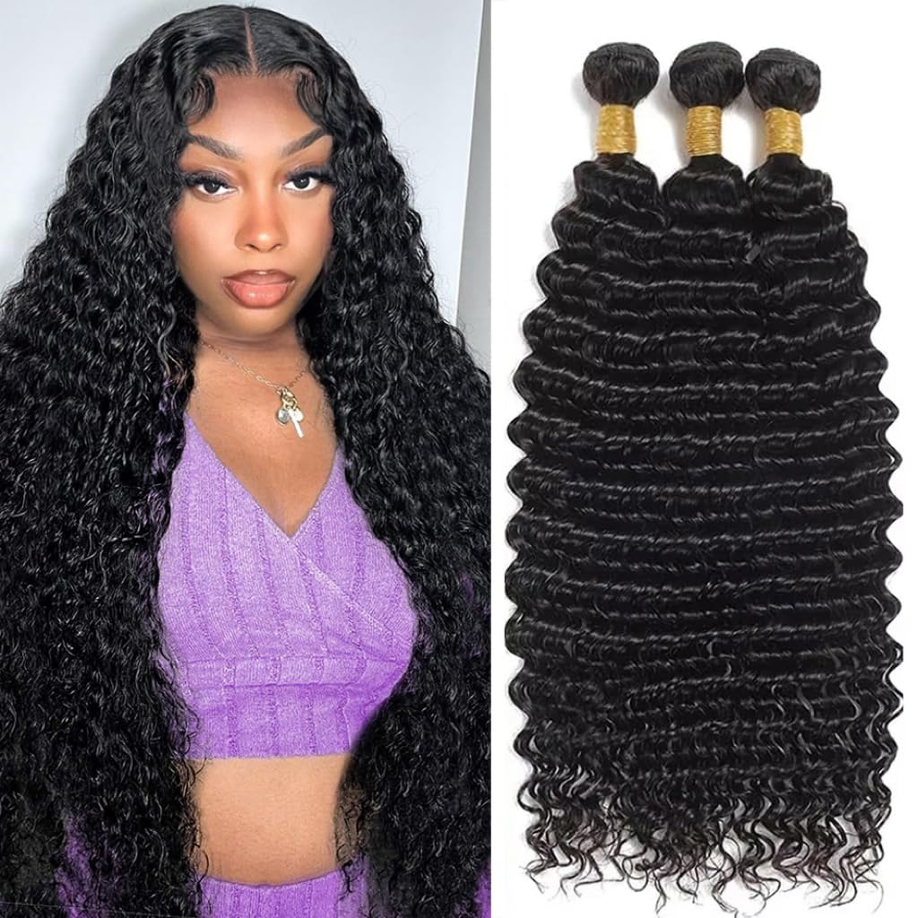 Deep Wave Human Hair Bundles 28 30 32 Inch Deep Wave Bundles 100% Unprocessed Brazilian Virgin Hair 3 Bundles Curly Bundles Hair Extensions Real Human