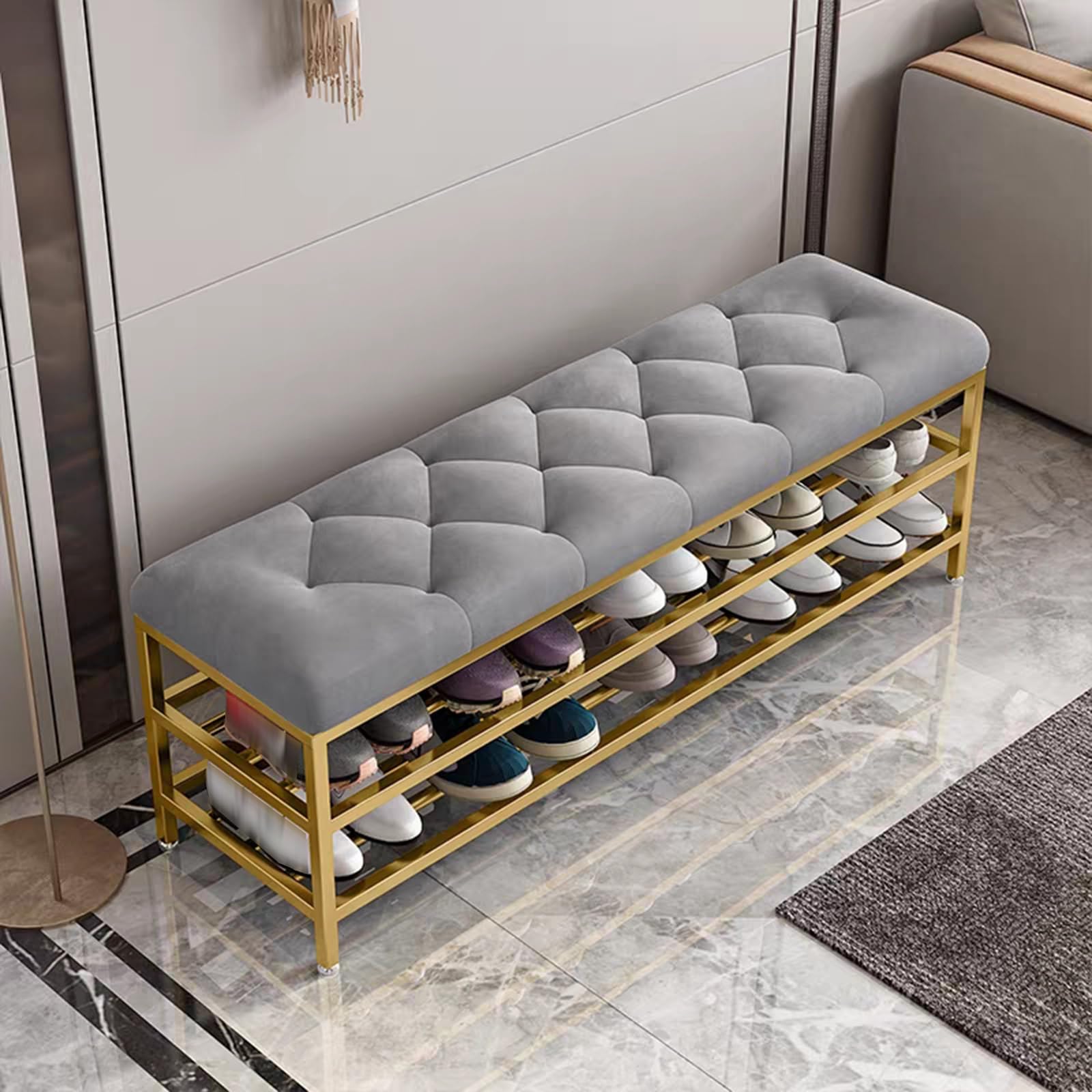 LWJSOCP Upholstered Shoe Storage Bench with Metal Frame and Cushion Grey 60cm Entryway for Living Room Hallway Mudroom Doorway