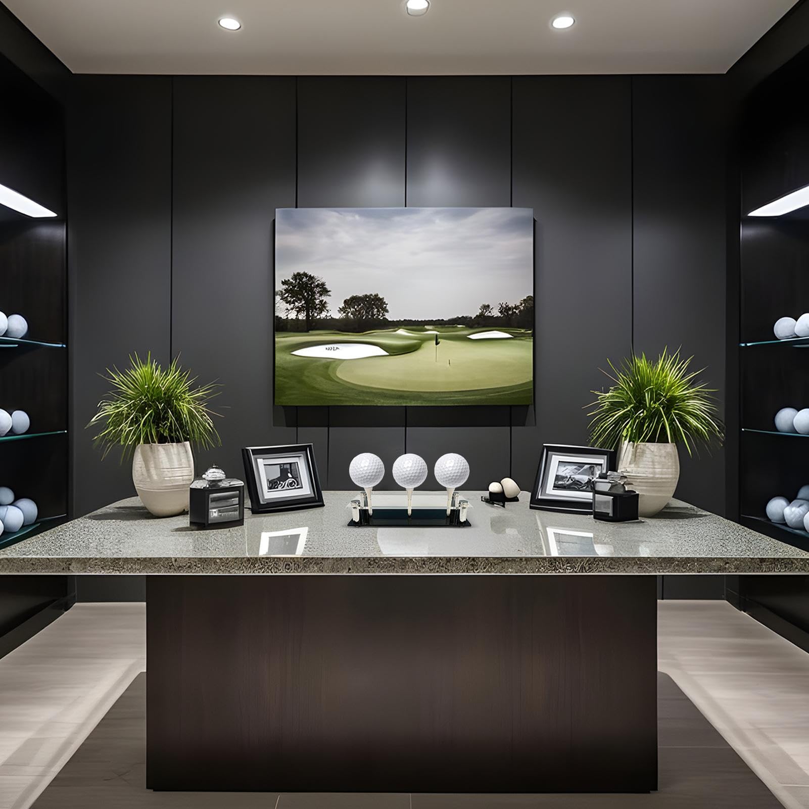 Expositor para bolas de golf, soporte decorativo de golf con base y camiseta, almacenamiento acrílico y metal para oficina o salón