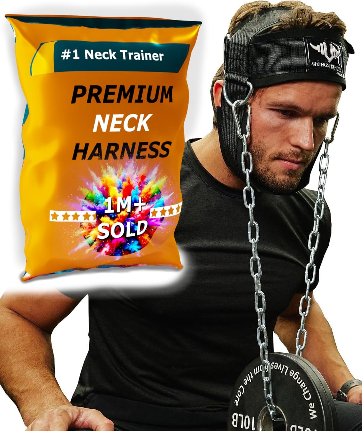 VIKINGSTRENGTH Neck Harness Padded Strength Trainer- Premium Quality for Neck Curls and Training. Head Exerciser for Sports and Fitness, D Ring + V-Strength Workout App