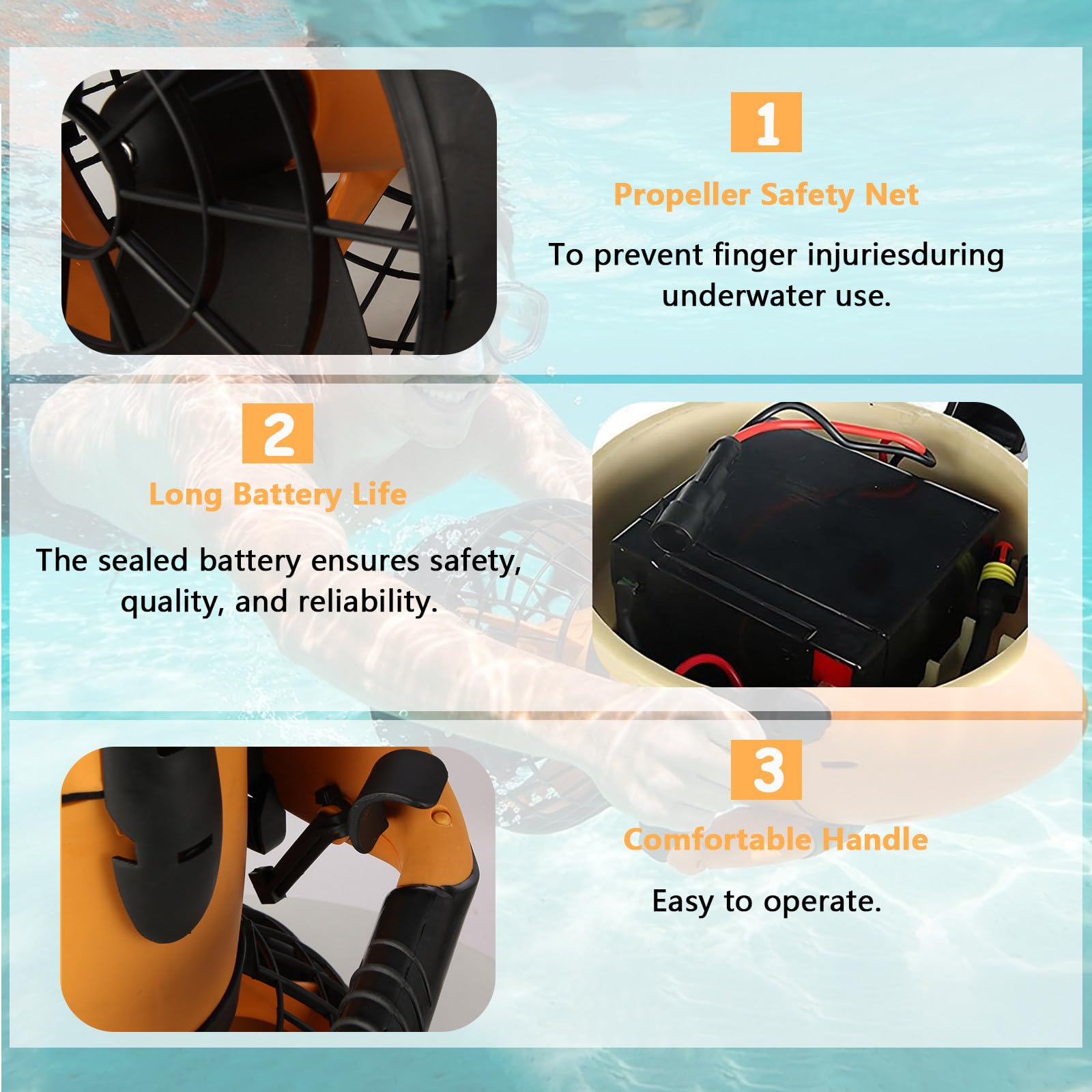 Monopattino subacqueo con Motore 500W, 22m di profondità Massima & Controllo velocità Variabile, per Piscina Immersioni Snorkeling Attrezzatura Sportiva 1Battery