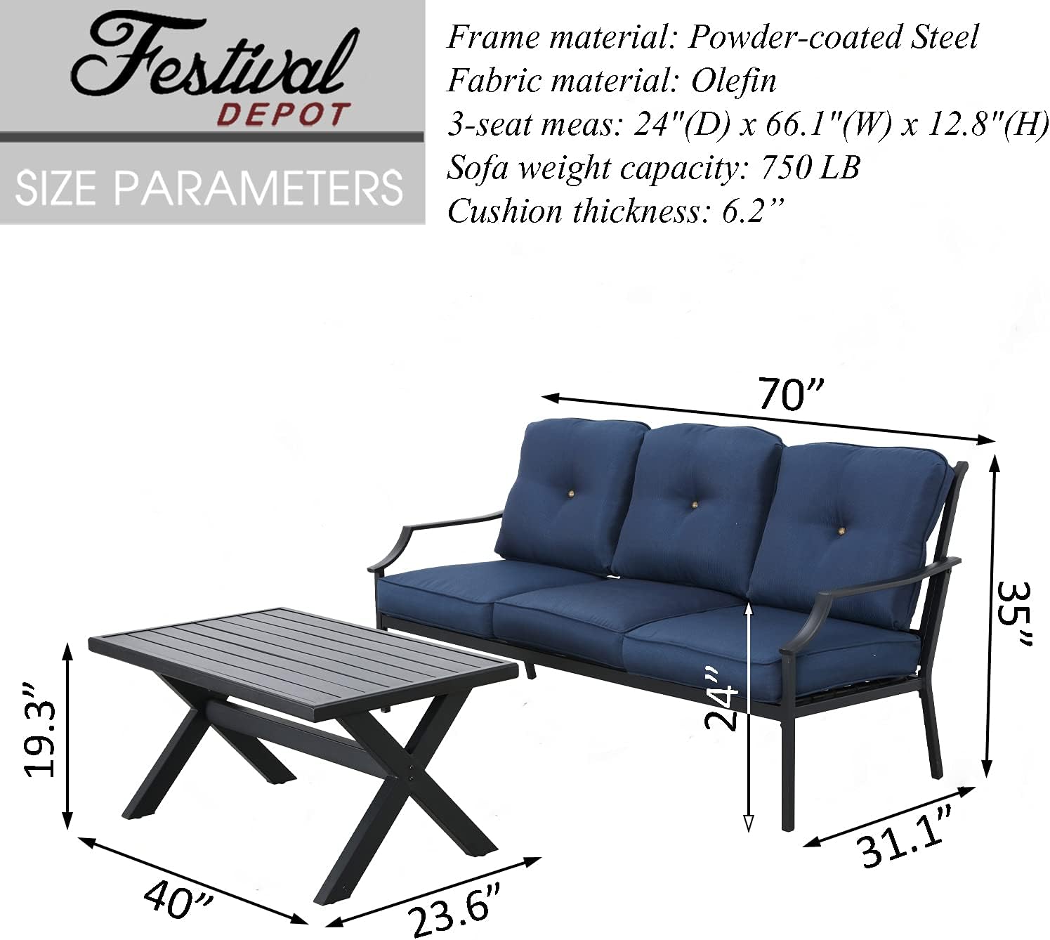 Festival Depot 2 Pcs Metal Furniture Outdoor Loveseat Patio Sofa with Coffee Table 3-Seating Outside Couch with Cushions for Deck Porch Backyard (Blue)