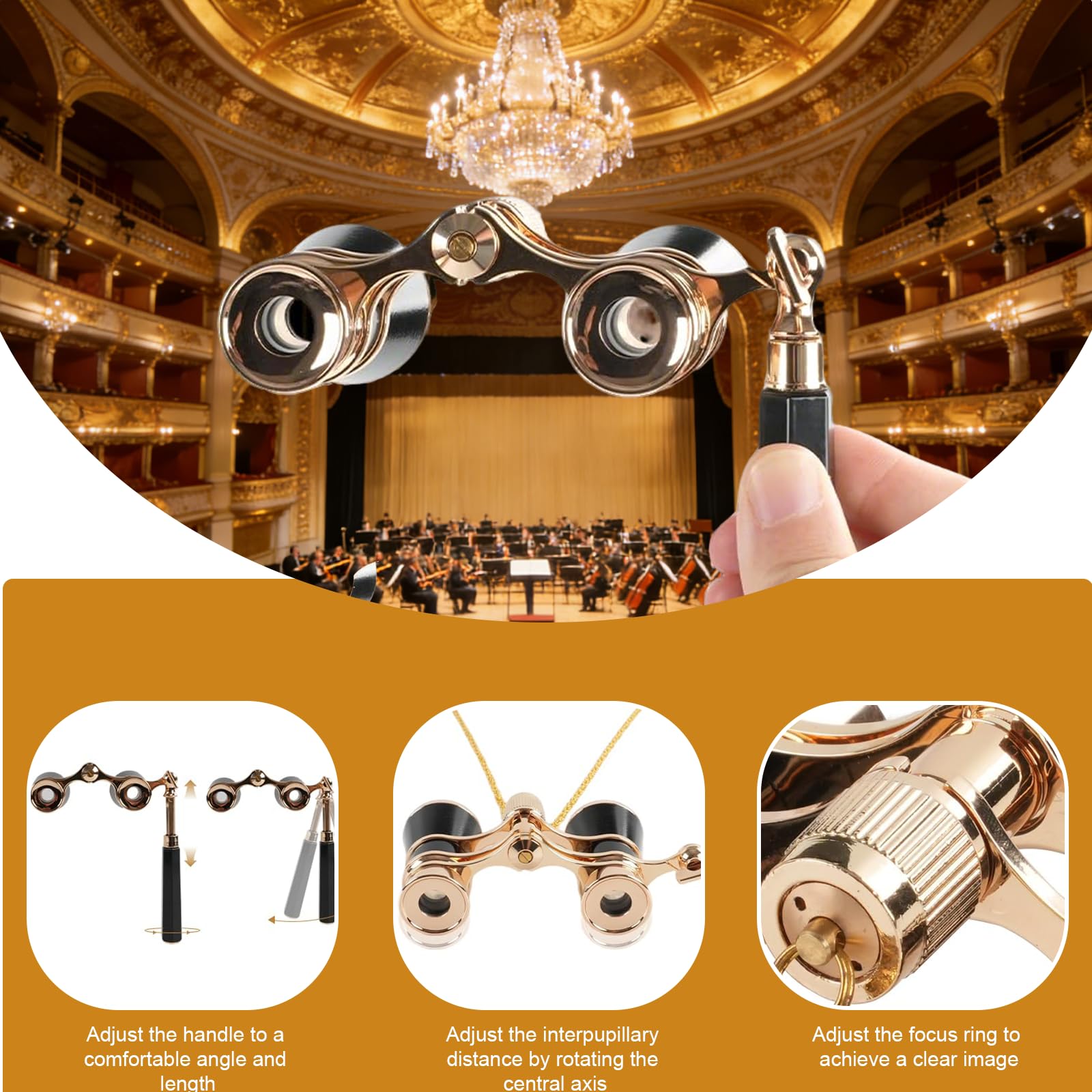 Opernglas Theaterglas 3x25 Opernglas Fernglas Kompakt mit Verstellbarem Griff und Metallkette, Faltbares Opernglas Tragbares Opera Fernglas für Theater Musikkonzerte, Opernhäuse (Schwarz)