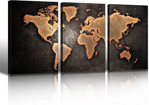 Arte de pared con mapa del mundo vintage, decoración de pared, sala de estar, 3 piezas, imágenes de mapa del mundo, impresiones en lienzo, póster