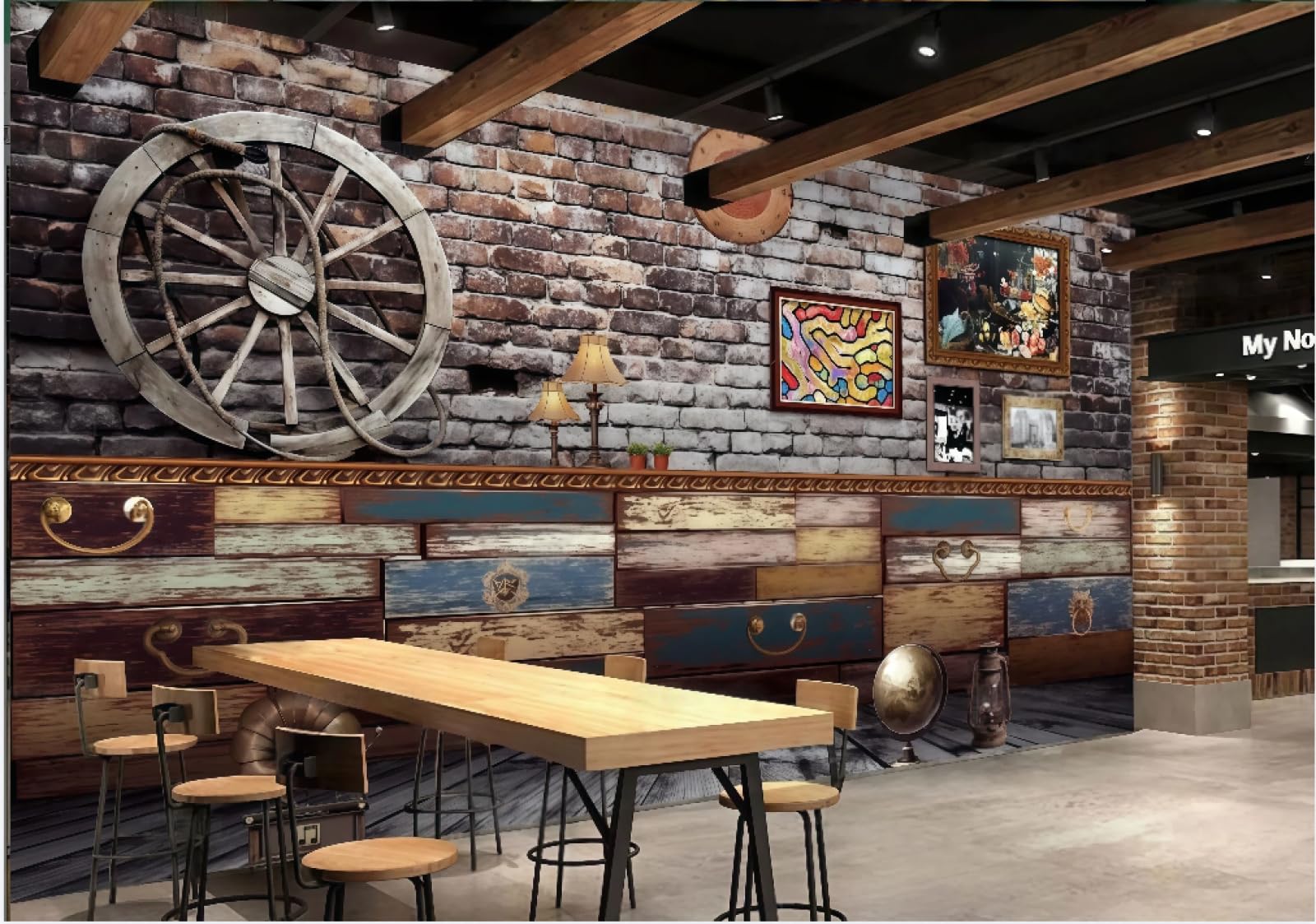 XDOUBAO Wallpaper 3D Retro Nostalgic Brick Wall Music Bar Theme Drink Shop Afternoon Tea Western Restaurant Background Wall Wallpaper Coffee Shop Mural,3D,250x175cm