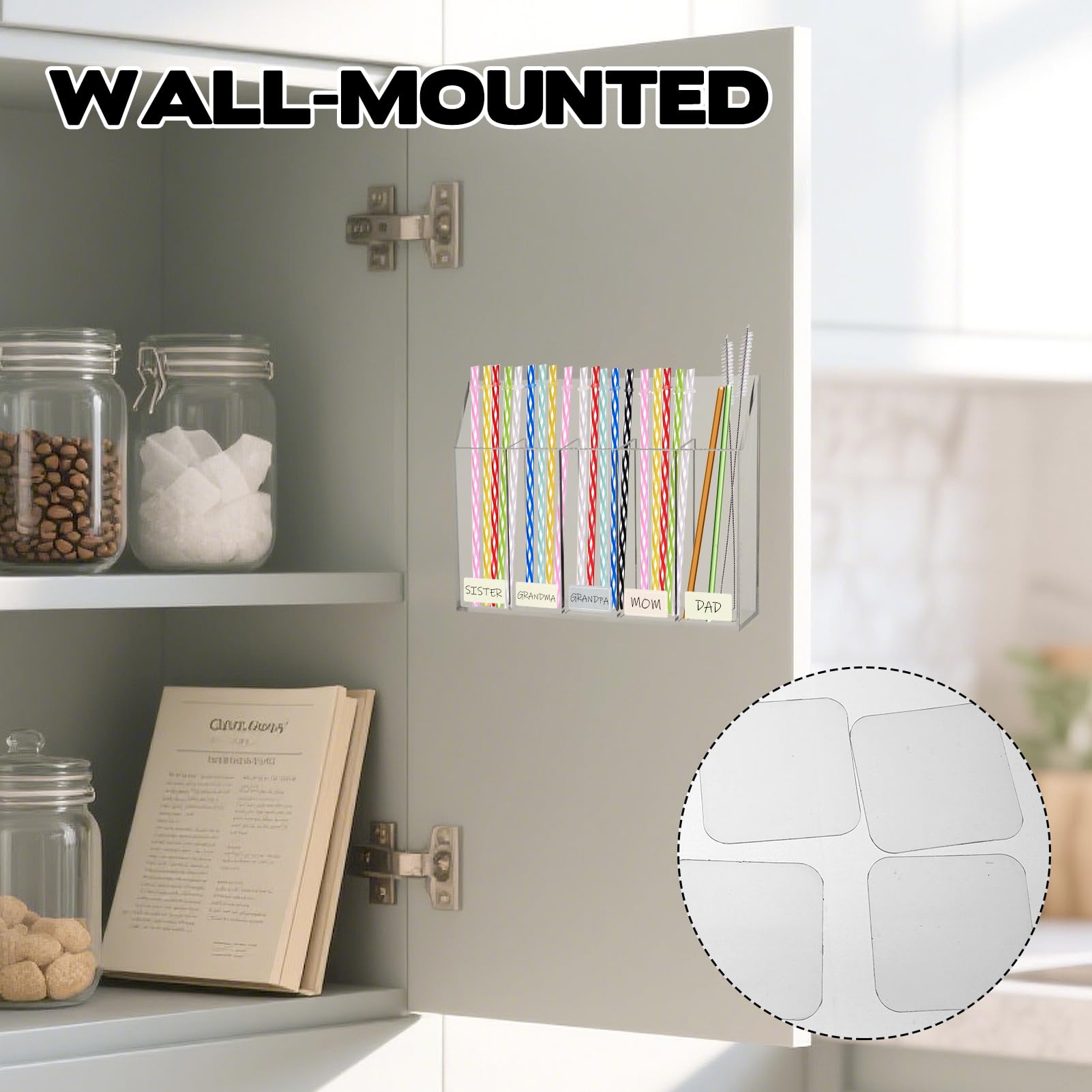 Magnetic Acrylic Straw Holder – Cabinet Door Organizer With Double-Sided Tape, 5-Compartment For Tall Straws & Brushes - View #7