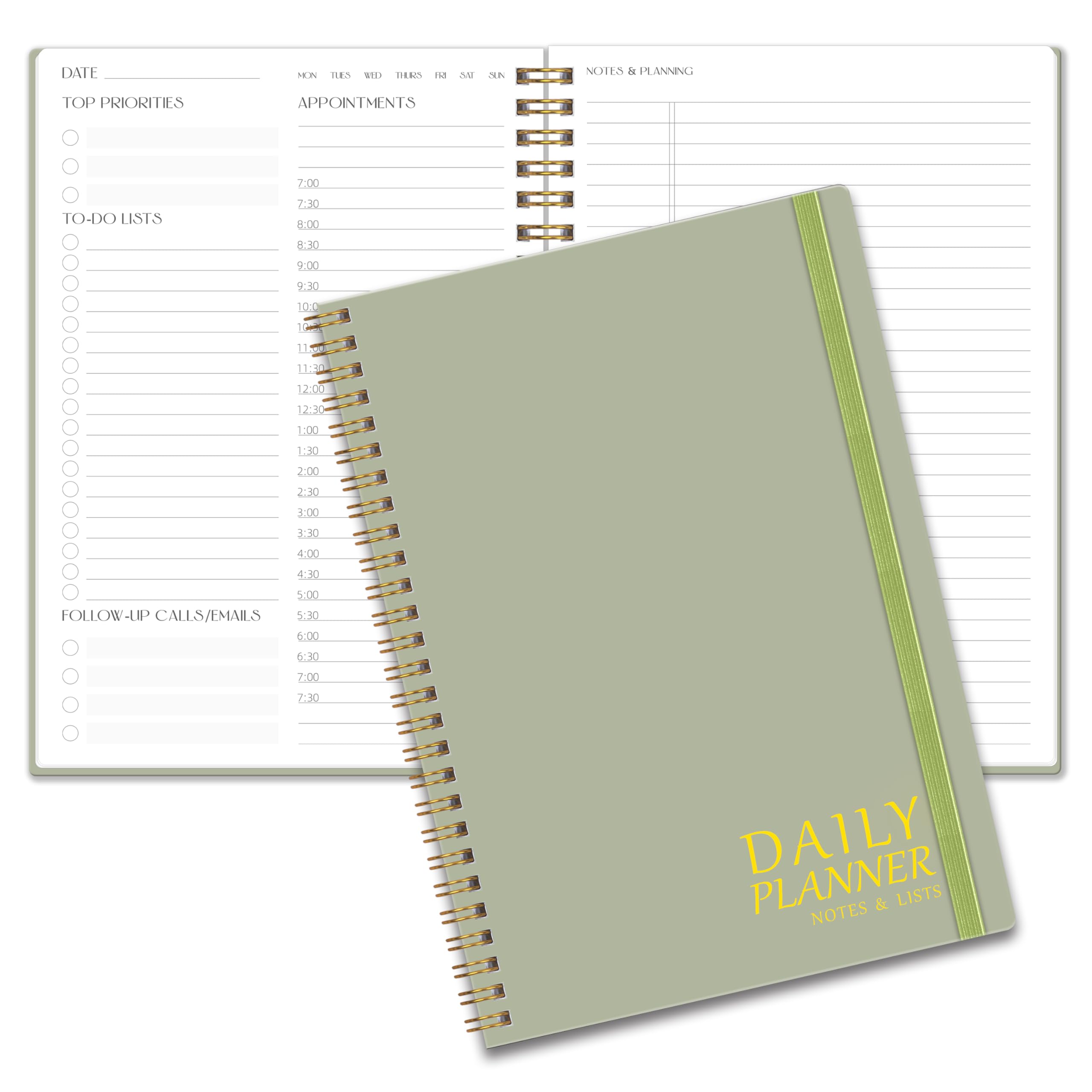 Daily Planner Undated - To Do List Notebook with Hourly Schedules, 5.9"x 8.6", Aesthetic Planner Organize Tasks and Appointments,A5 Agenda for Work, School & Office, Green
