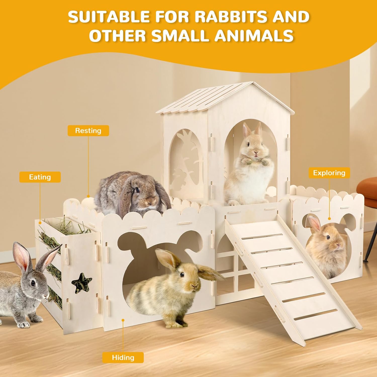 Large Rabbit Castle, Wooden Bunny House & Hay Feeder, Detachable Rabbit Hideaway, Indoor Rabbit Castle with Ramp, Small Animal Houses & Habitats