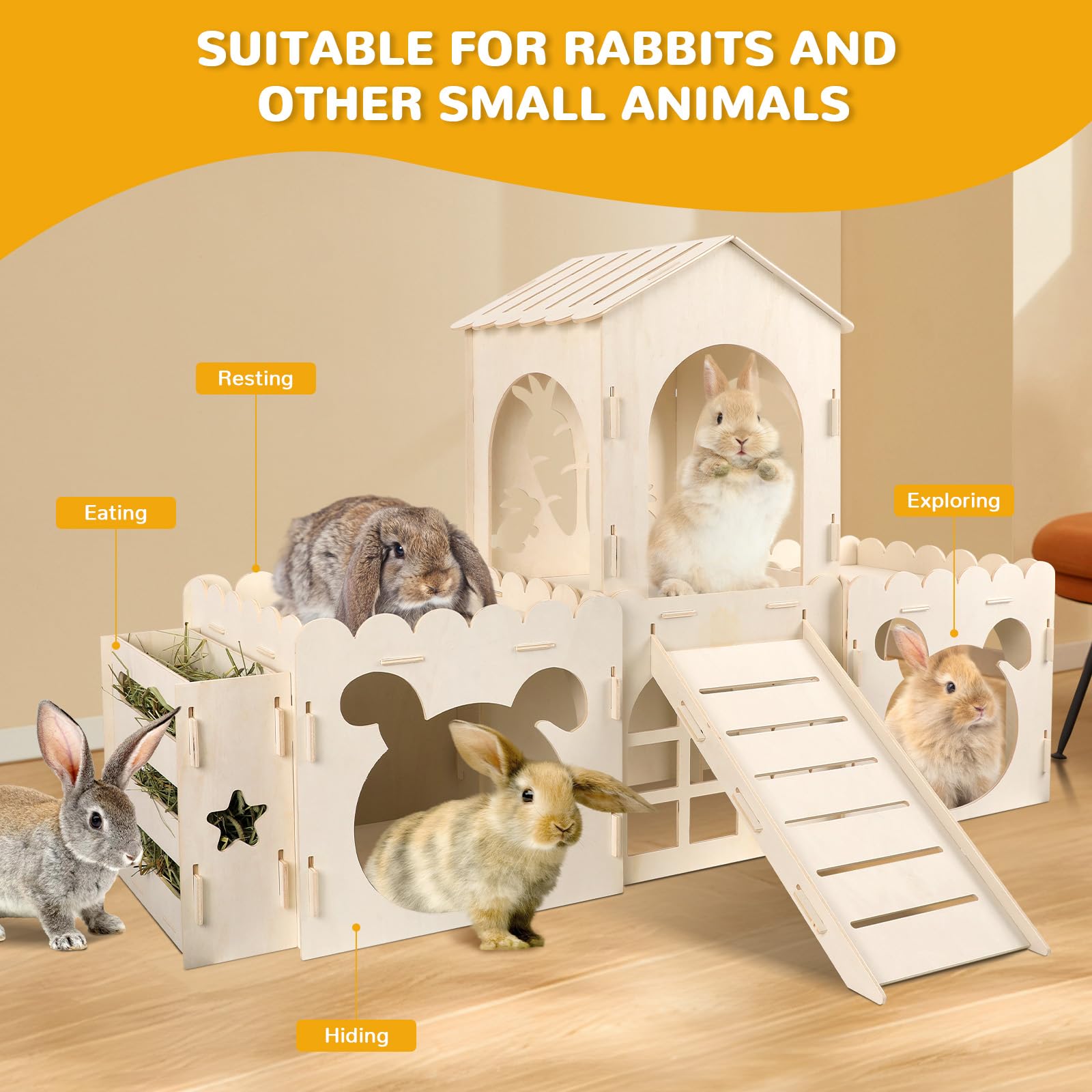 Extra Large Rabbit Castle, Wooden Bunny House & Hay Feeder, Detachable Rabbit Hideaway, Indoor Rabbit Castle with Ramp, Small Animal Houses & Habitats - image 5