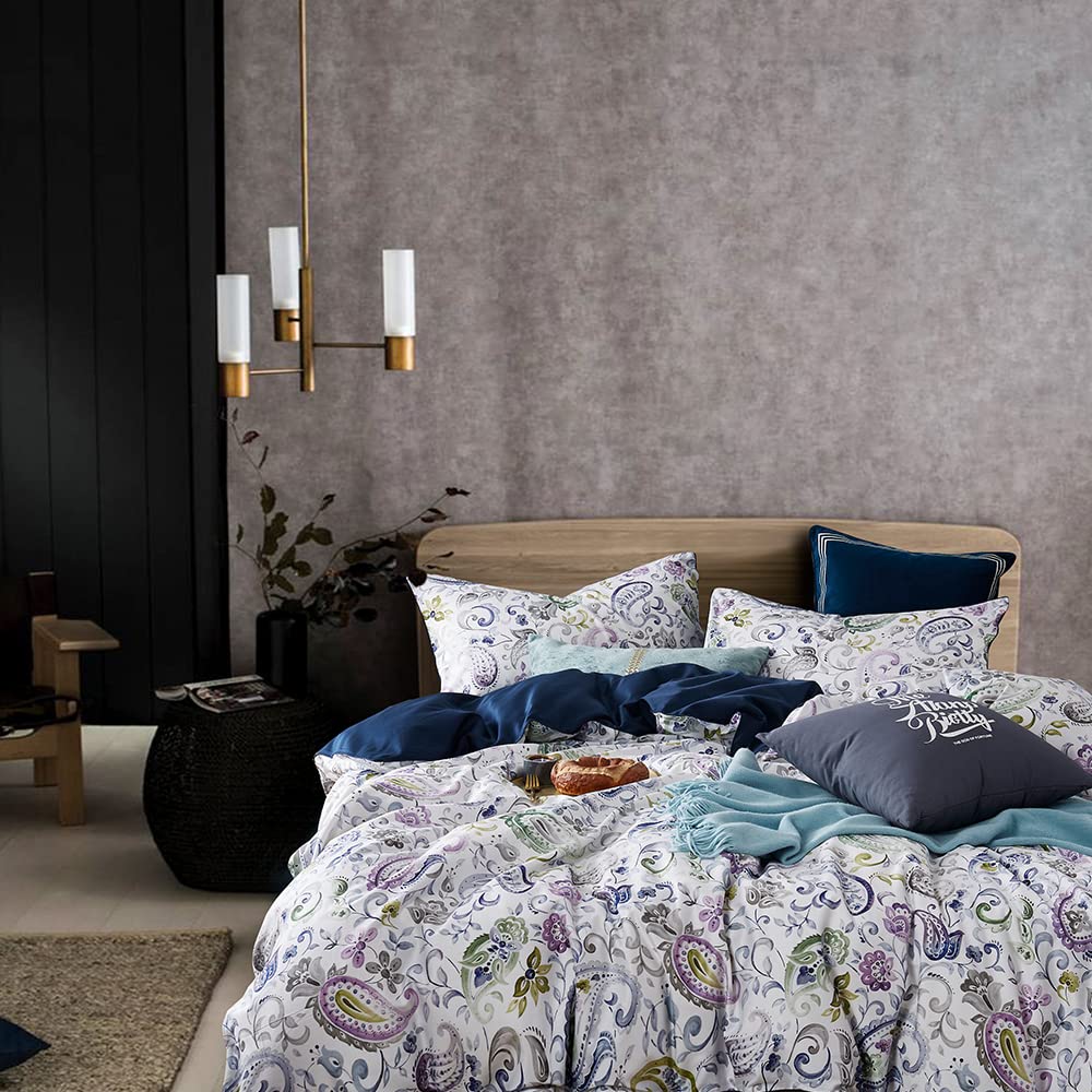 Cupocupa Duvet Cover Set, King, Microfiber, White Paisley Pattern, Boho Floral, 3 Pcs