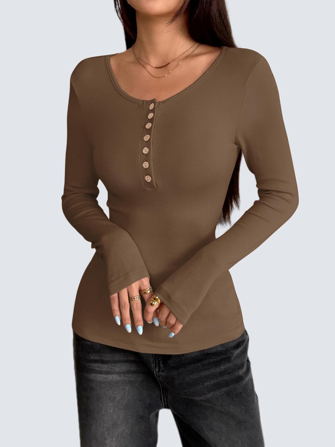 Zeagoo Womens Long Sleeve Henley T Shirts Button Ribbed Knit Slim Fitted Tee Tops Basic Casual Work Blouse XS-XXL - Image 3