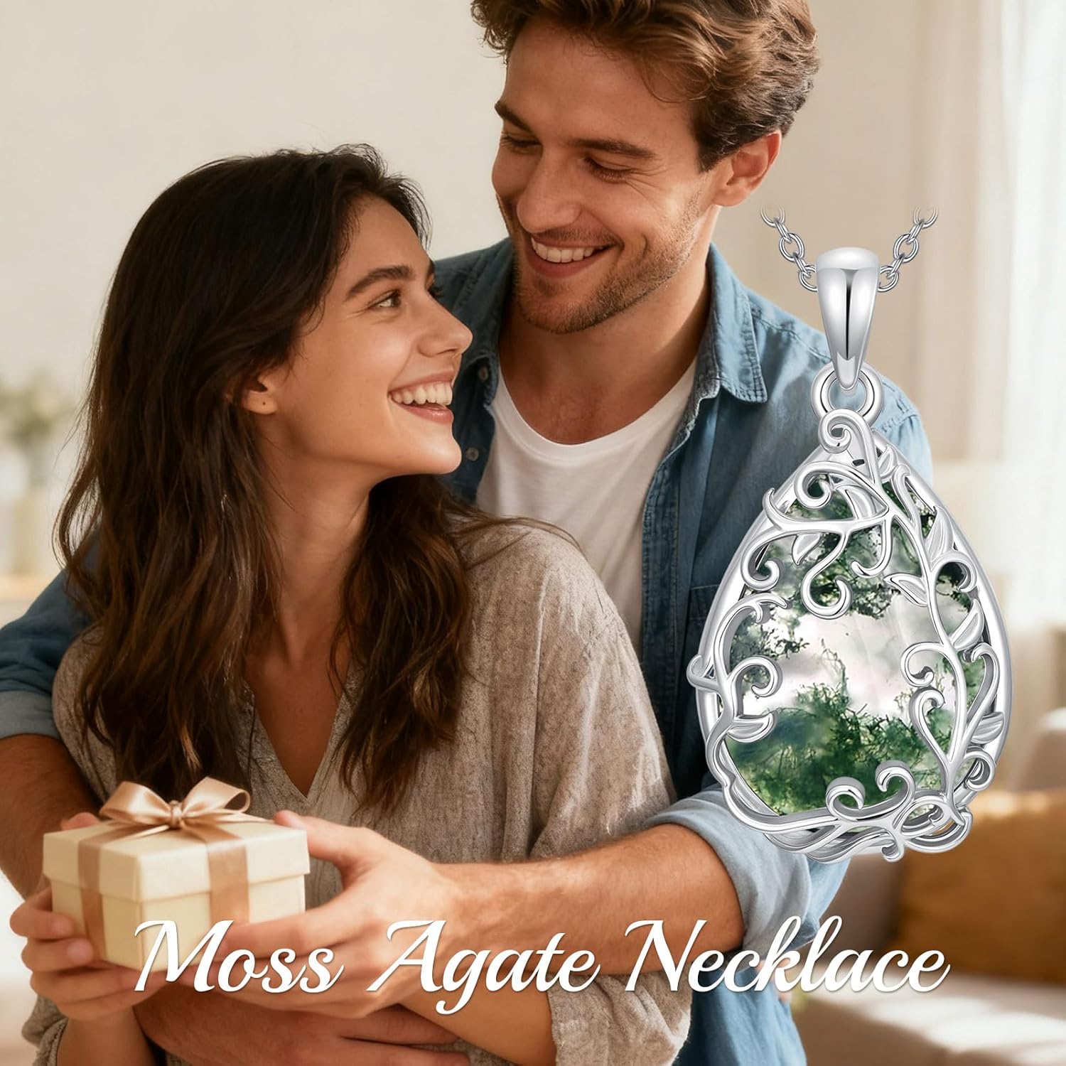 LONAGO Teardrop Natural Moss Agate Necklace for Women 925 Sterling Silver Vintage Green Agate Leaf Pendant Jewelry Birthday Christmas Gifts for Mom - Image 6