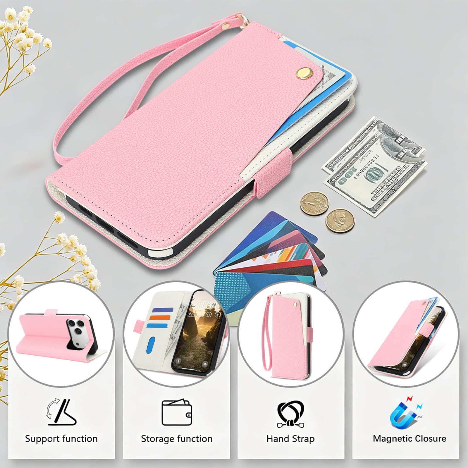 Różowy,17, Skórzane etui do iPhone 17 Pro Max/17 Pro/17 Air/17, Portfel Pokrowiec z klapką Stojak Magnetyczna Adsorpcja Pasek Na Nadgarstek Etui