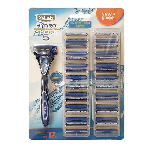 Schick Hydro Premium 5 - Juego de maquinilla de afeitar de 5 cuchillas para hombre con 1 mango y 17 cuchillas equipada con depósito de gel de