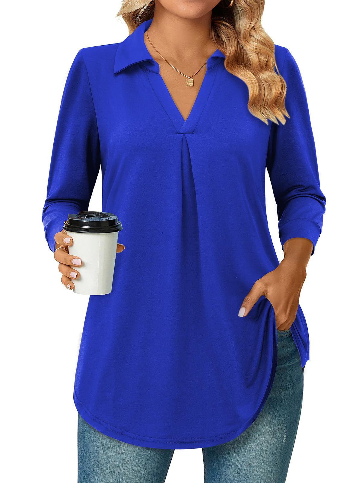 Bulotus 3/4 Length Sleeve Womens Tops Dressy Casual V Neck Collared Blouses Work Office Tunics 2026 Spring Summer