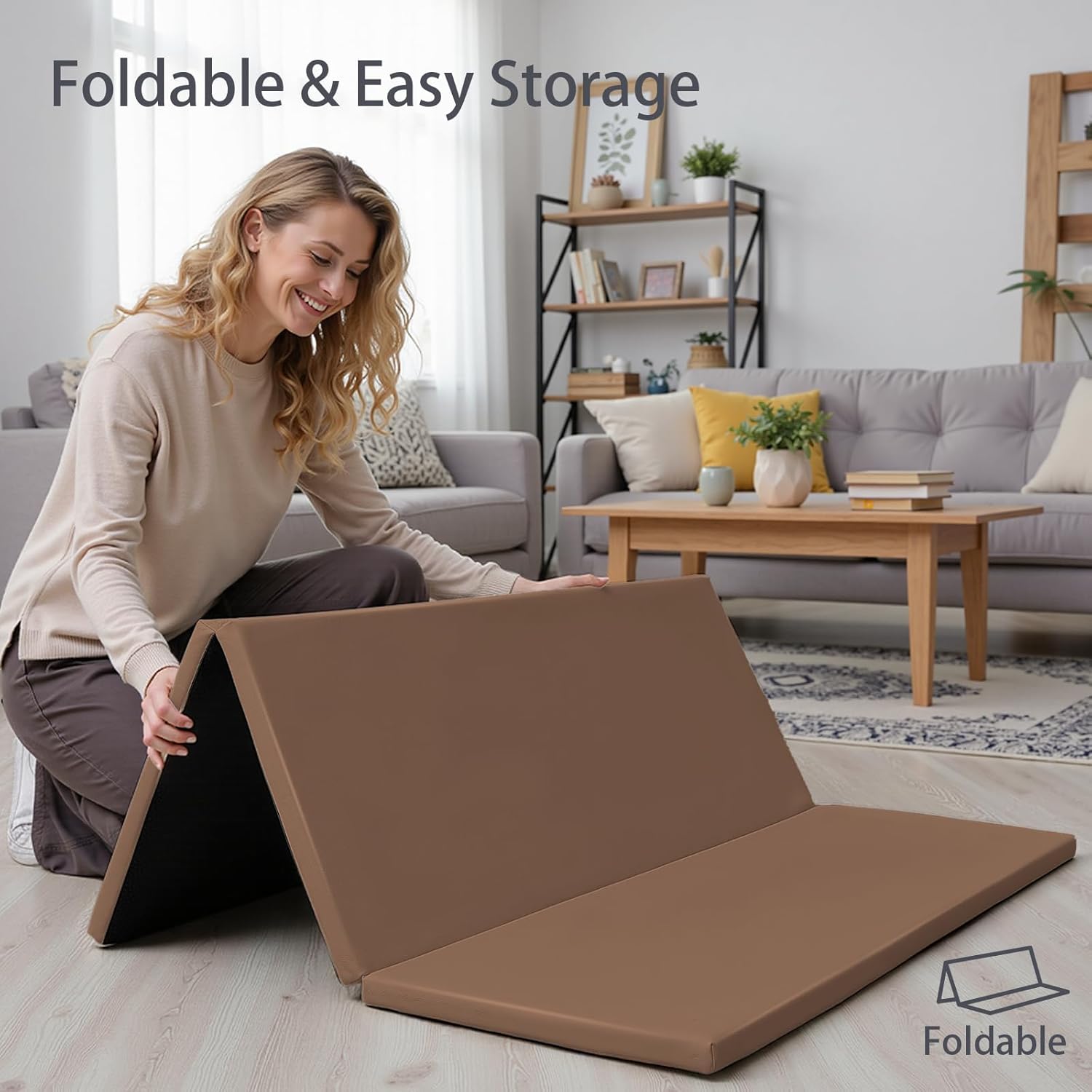 TODIBY Foam Baby Play Mat: PU Leather Waterproof Kids Playmat - Trifold Floor Mat - Large Play Mat for Playpen Thick Pad Fodable Mattress Soft Toddler Mattress Infant Cushion for Preschool (Brown)
