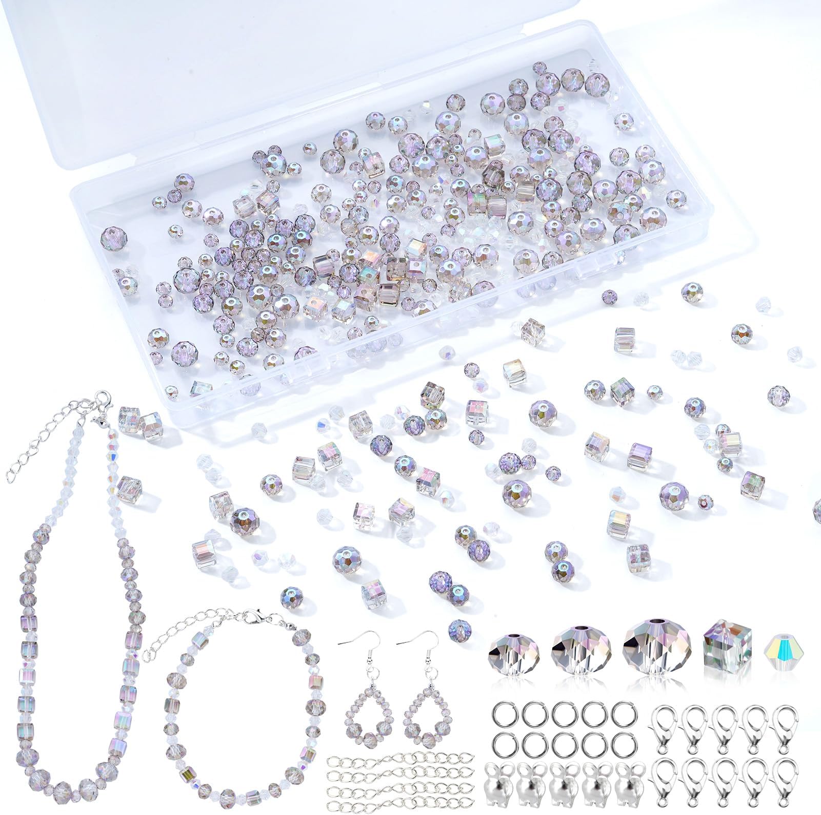 Premium Glass Crystal Beads for Bracelets Making Kit, 250pcs Phantom Purple Crystal Beads for Jewelry Making Kit, 4/6/8mm Crystal Beads & Bead Assortments, Gemstone Beads for Crafts