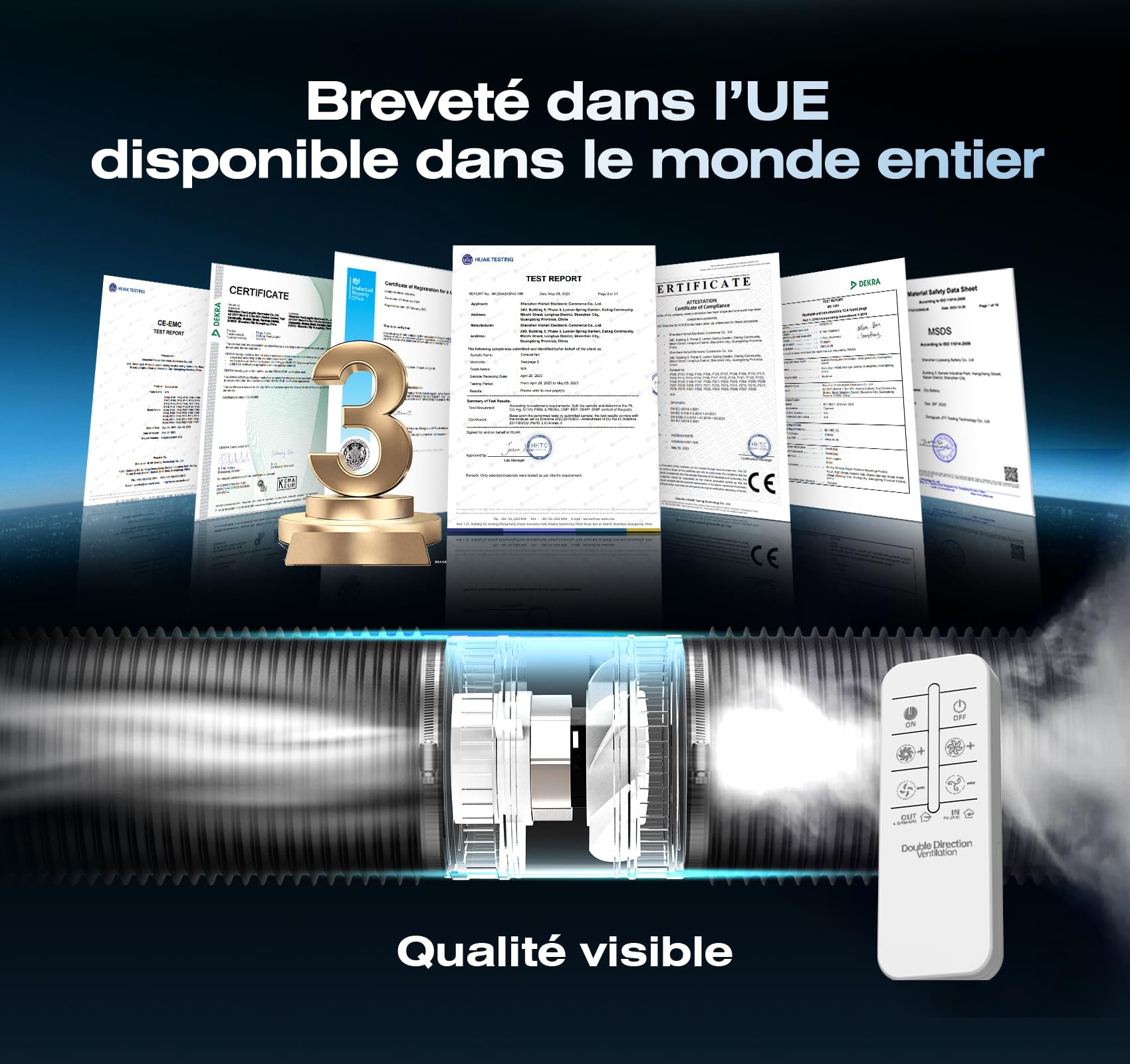 Ventilateur de Conduit Bidirectionnel, 6 Vitesses, Télécommande – Ventilateur Silencieux Puissant avec Protection Contre la Surchauffe, VMC Salle de Bain WC Serre Tente, Extracteur d'air 100mm