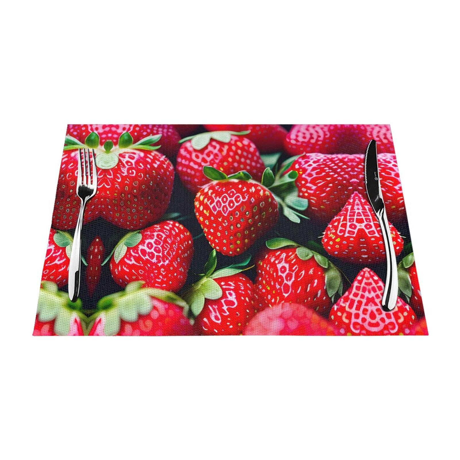 Placemats Set of 6,Table Mats Washable Placemat Decoration, Fresh Strawberry Print