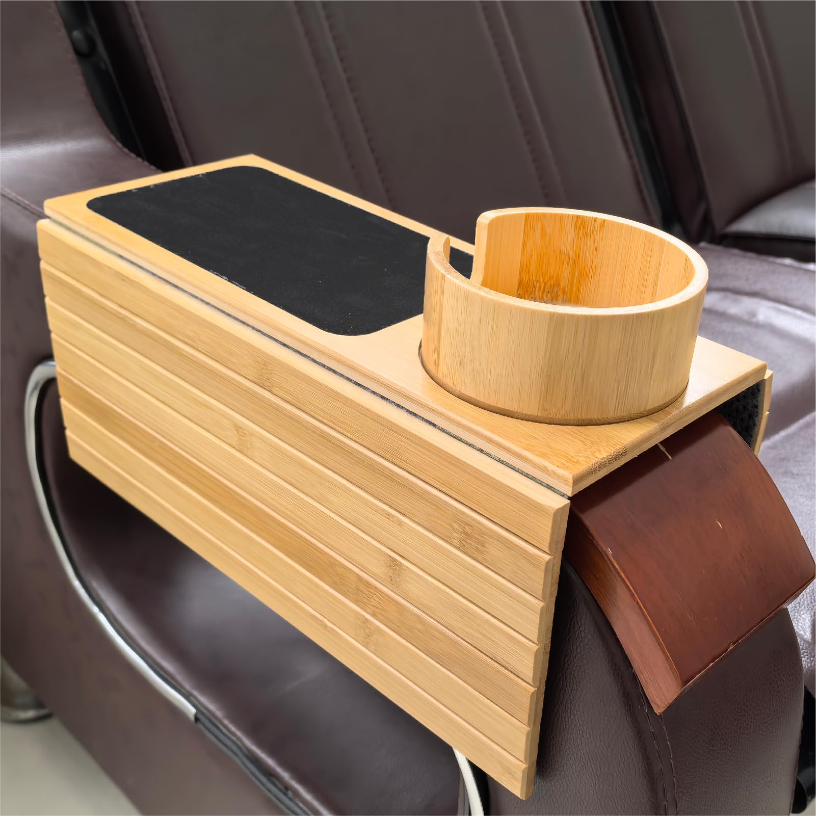 MAGIC BAMBOO Bamboo Sofa Armrest Tray with Detachable Cup Holder – Foldable, Anti-Slip Couch Table for Drinks, Snacks, Remotes & Phones – Universal Fit Organizer, Easy to Clean