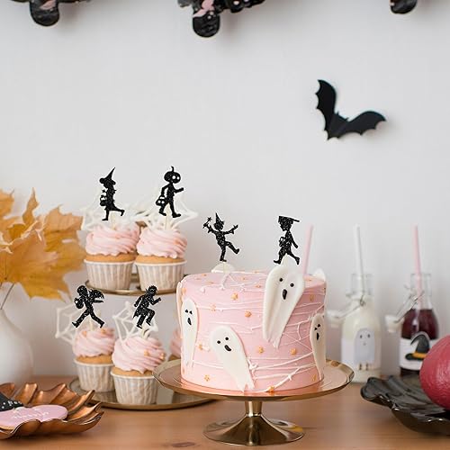 Miniatura 6 de 24 adornos para cupcakes de Halloween, con purpurina negra, para Halloween, para Halloween, baby shower, niños, niñas, fiesta de cumpleaños,