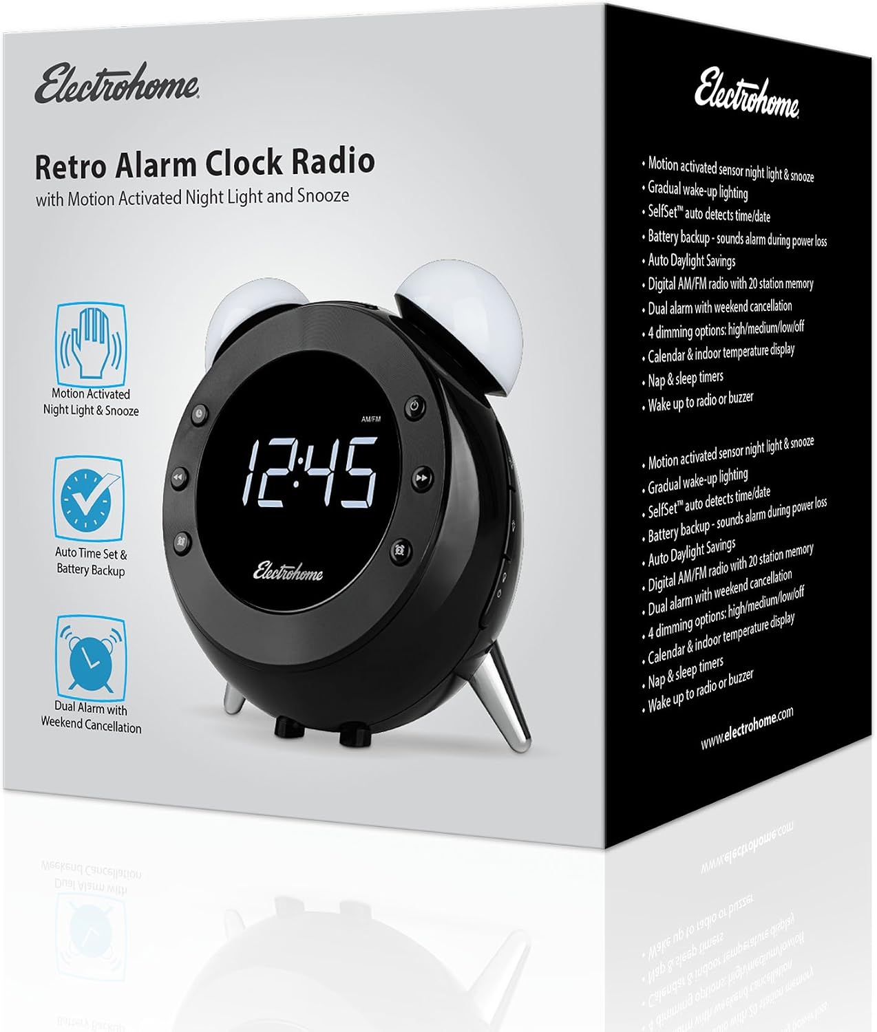 Electrohome Retro Alarm Clock Radio with Motion Activated Night Light and Snooze, Digital AM/FM Radio, Wake-up Light, Dual Alarm, Auto Time Set, Battery Backup, Dimmer, and Temperature Display (CR35)