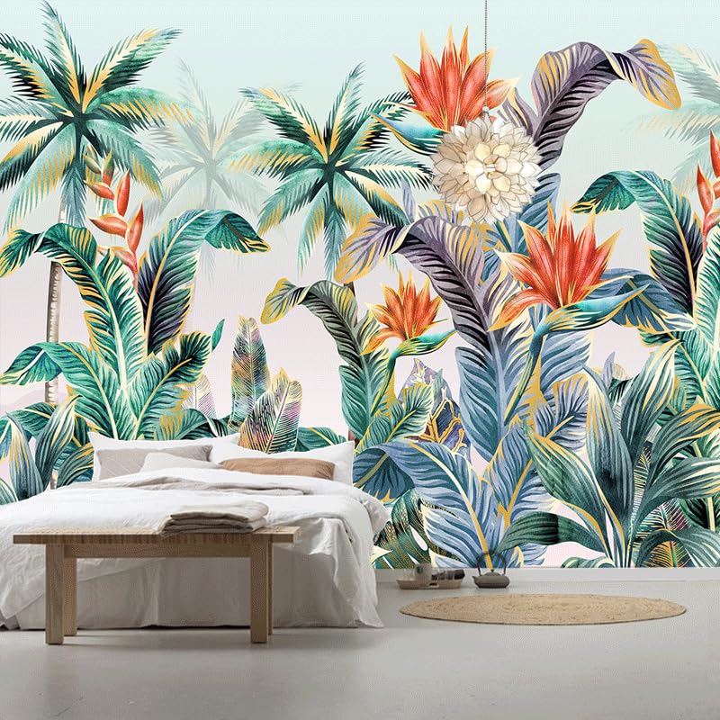 Papier peint 3d jungle orange verte pour masquer un mur abîmé
