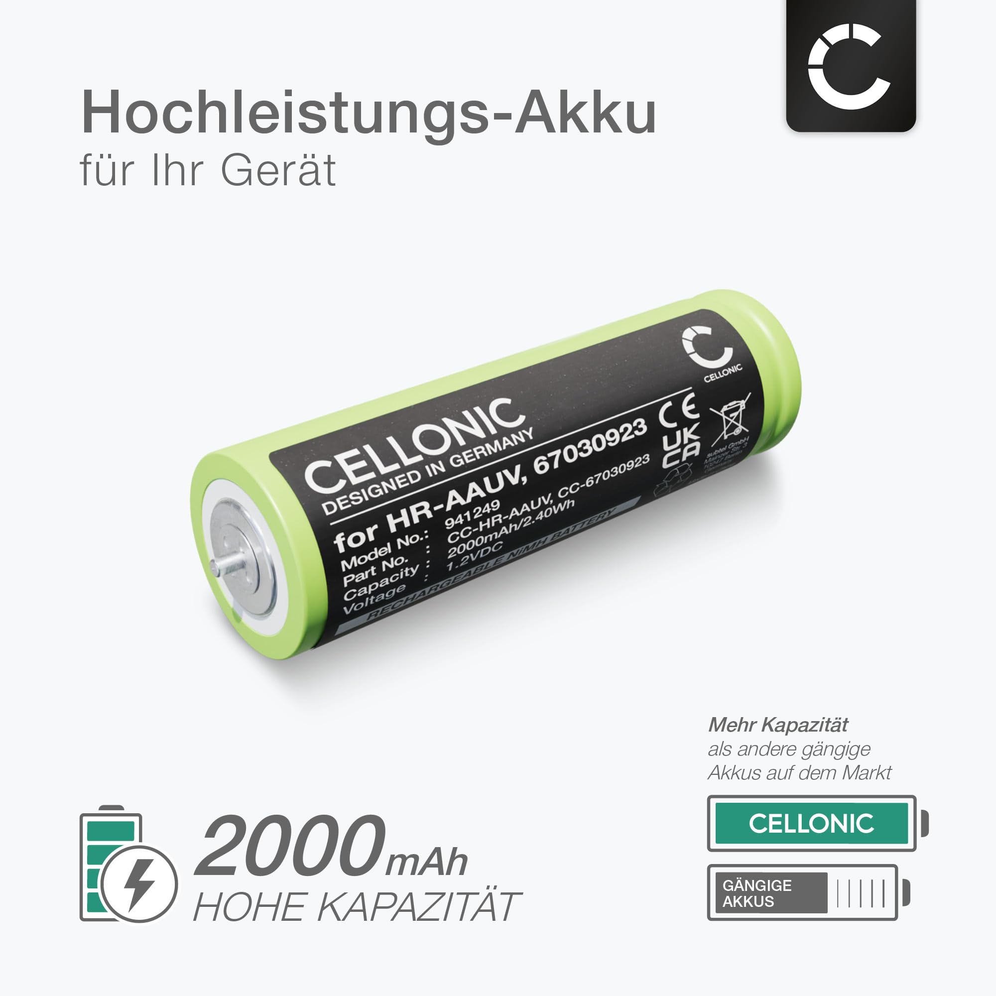 CELLONIC 2X Akku für Rasierer & Haarschneider Kompatibel mit Braun Series 3 300s, Series 3 300BT, Series 3 5408, Kompatibel mit Panasonic WER160L2506 - (2000mAh, 1.2V)
