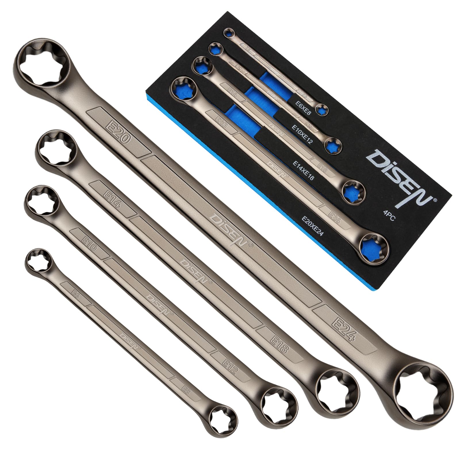 DISEN 2026 Upgraded 4-Piece E-Torx Wrench Set, Double Box End Wrench Set, CR-V Steel, Including E6*E8, E10*E12, E14*E18 and E20*E24