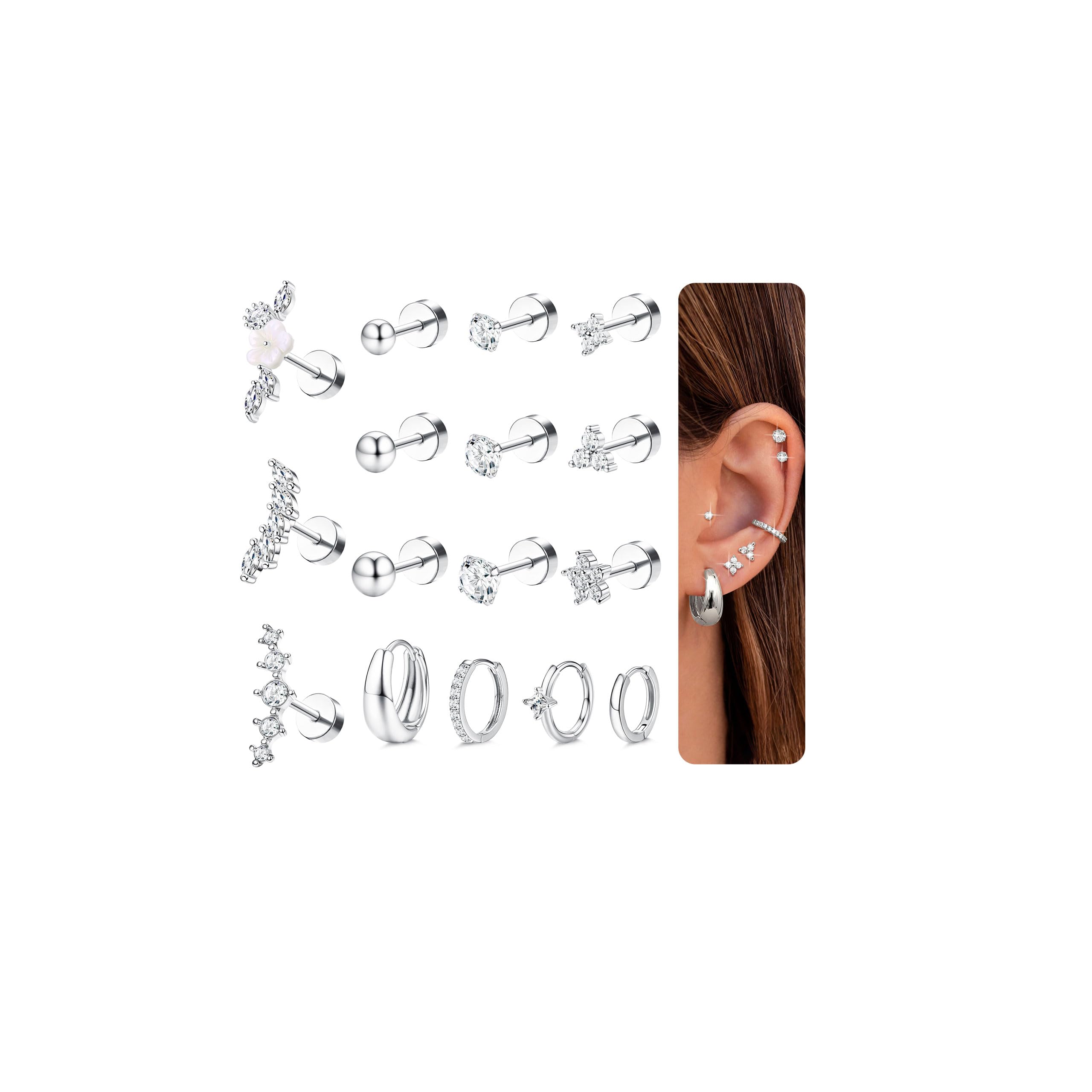 – 16Pcs Helix Piercing Jewellery Hypoallergenic Silver Gold Flat Back Earrings Surgical Steel Cartilage Stud Earrings for Women Helix Tragus Conch Daith Piercing Jewellery