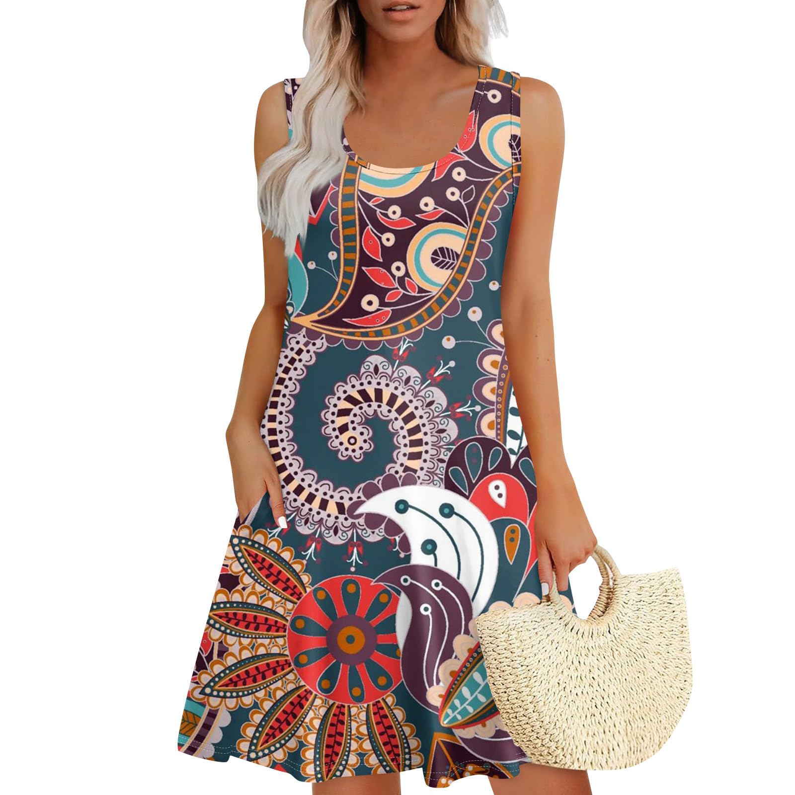 boavni Womens Summer Dresses 2025 Beach Casual Sleeveless Floral Print Boho U Neck Loose Sundresses Dress with Pockets