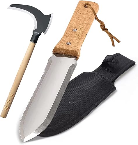 Juego de 2 cuchillos de jardín herramientas para hoz hoz de desmalezado de acero inoxidable también un hacha juego de herramientas de jardín para